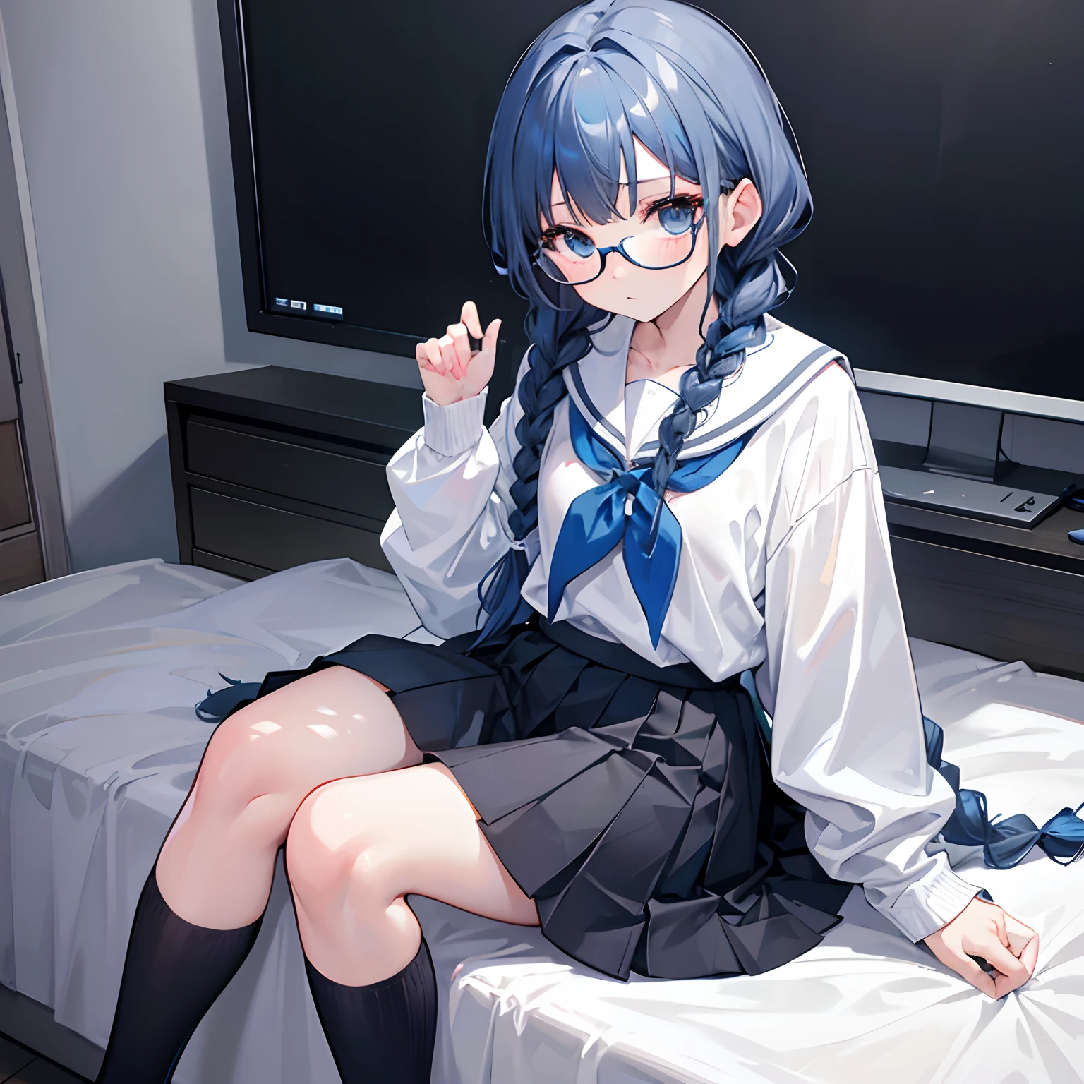 Gray and dark blue hair，With braids，Comes with a pair of thick-rimmed glasses，wearing white clothes，JK school uniform，Black cloth skirt，This is a sweet little loli