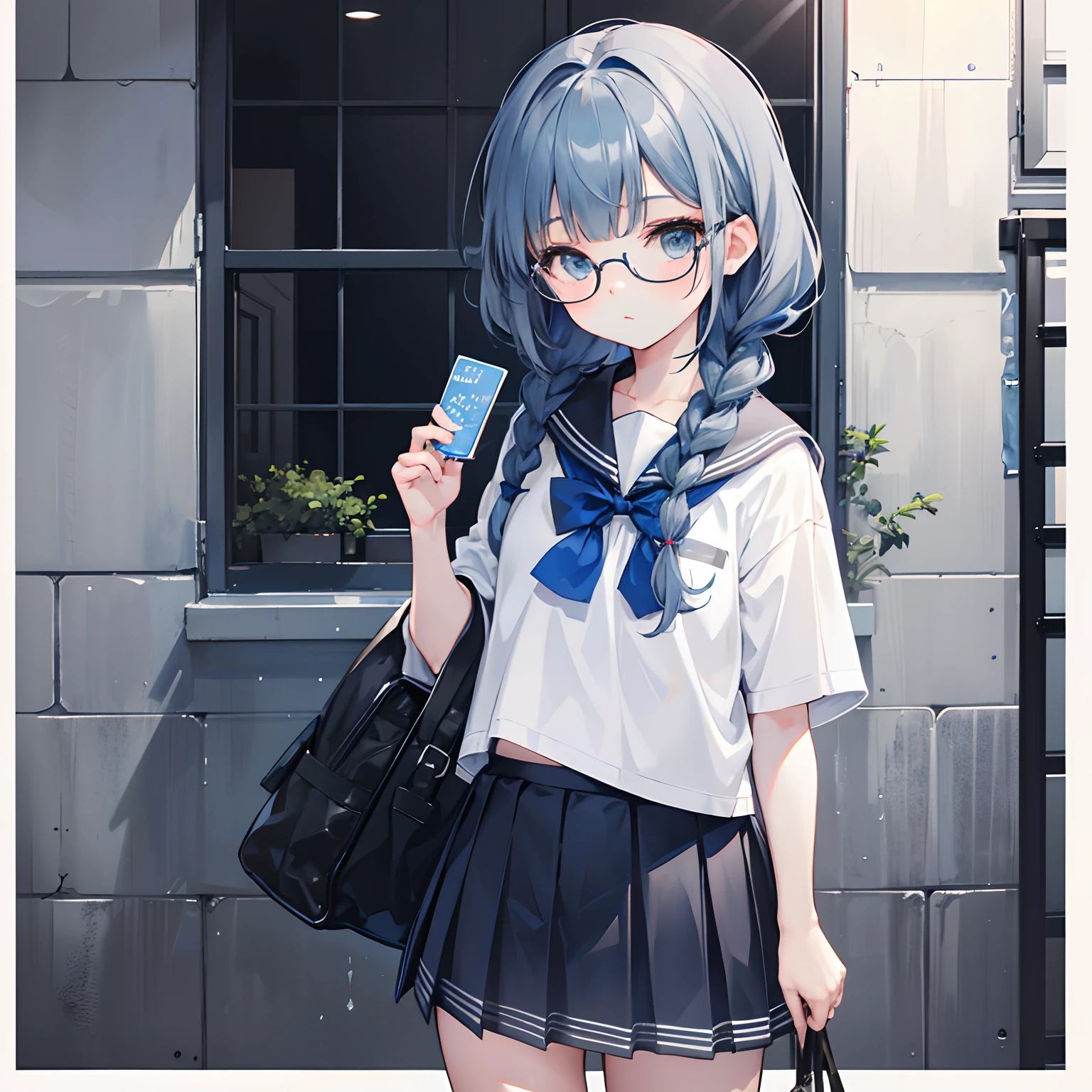 Gray and dark blue hair,With braids,Comes with a pair of thick-rimmed glasses,wearing white clothes,JK school uniform,Black cloth skirt,This is a sweet little loli