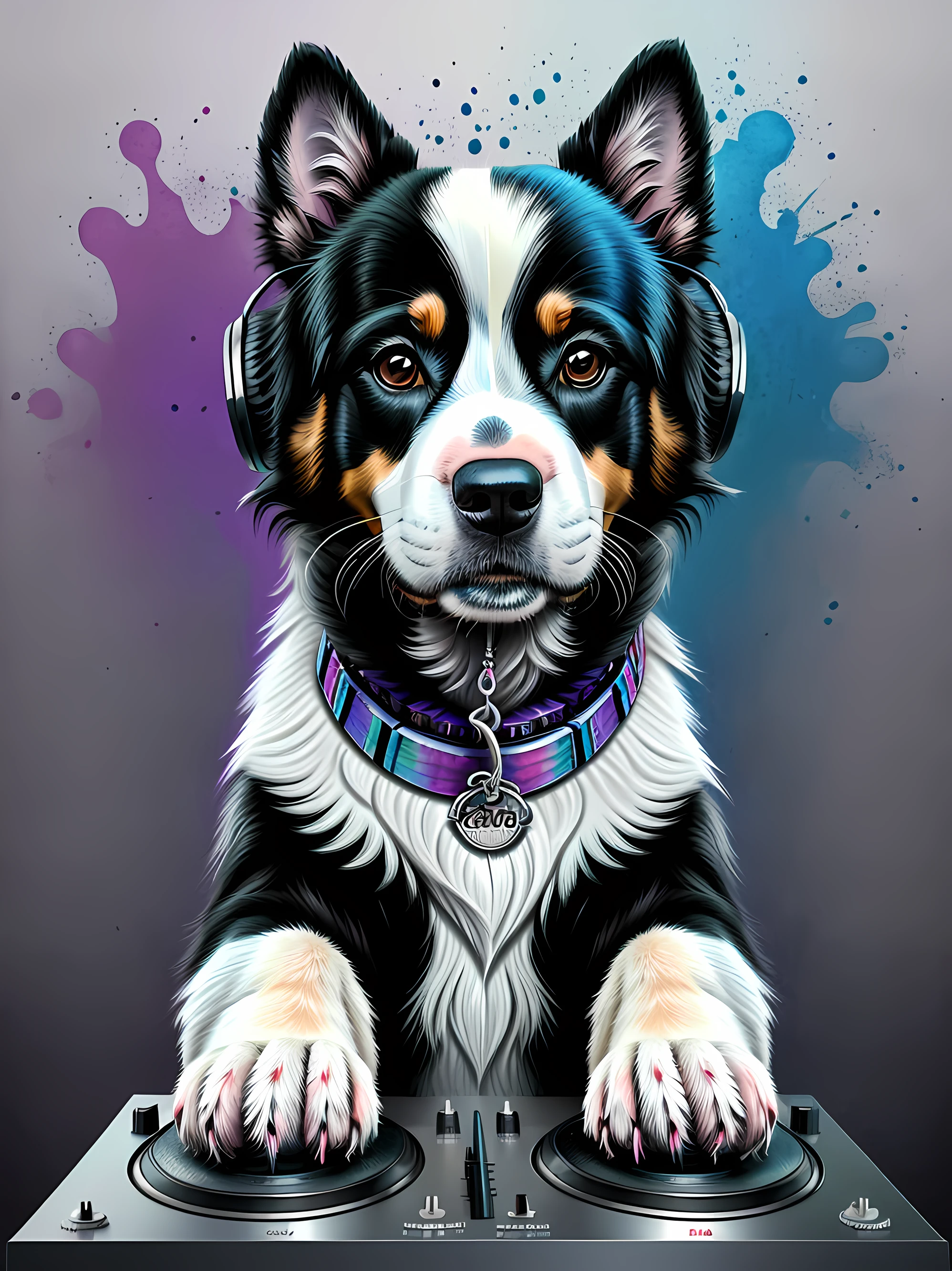 um cachorro Border Collie, pintura estilo 3D aquarela, DJ dog listening to music, cachorro DJ, imagem completa, High resolution high contrast (foto realista:1.2), (Foto RAW, 8k UHD,