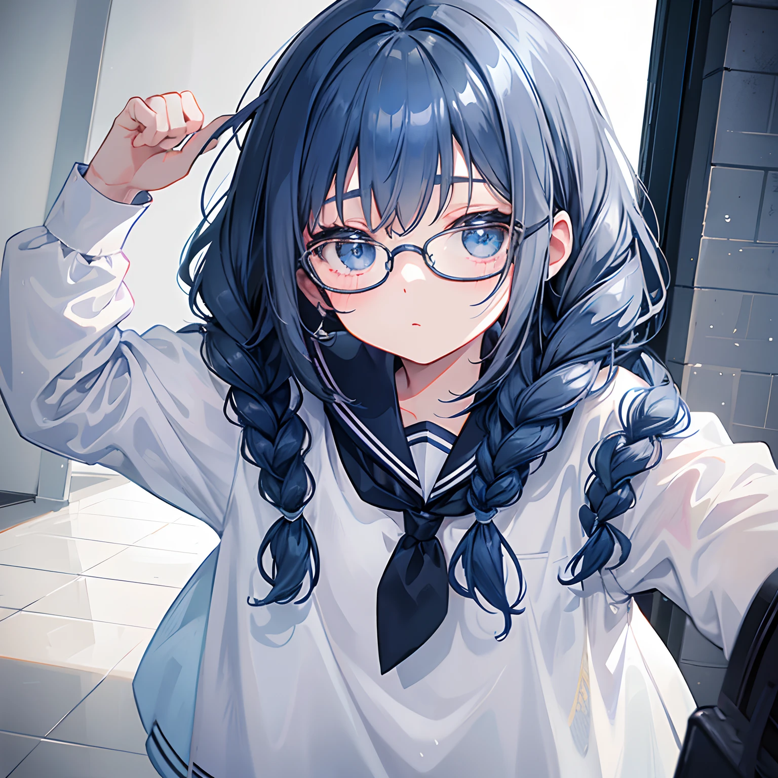 Gray and dark blue hair,With braids,Comes with a pair of thick-rimmed glasses,wearing white clothes,JK school uniform black cloth dress,It's a cute little