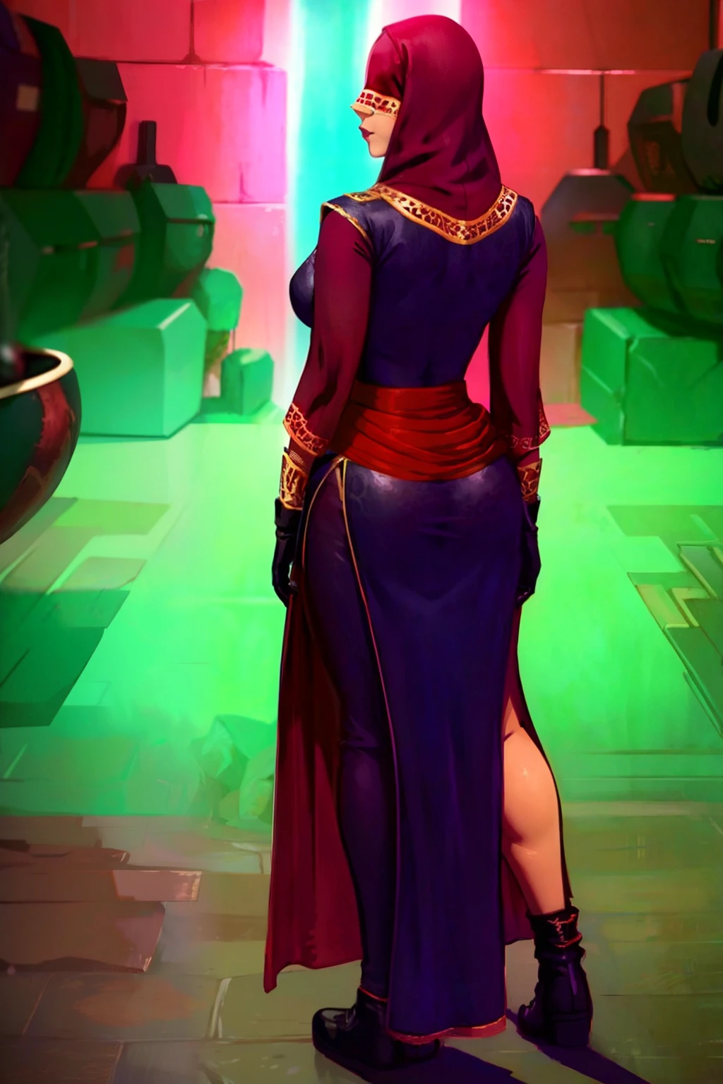 Visas Marr, Robe, Dress, Hood, Covered Eyes, Black Gloves, Black Footwear, medium breasts, back of view, pinup, Old republic