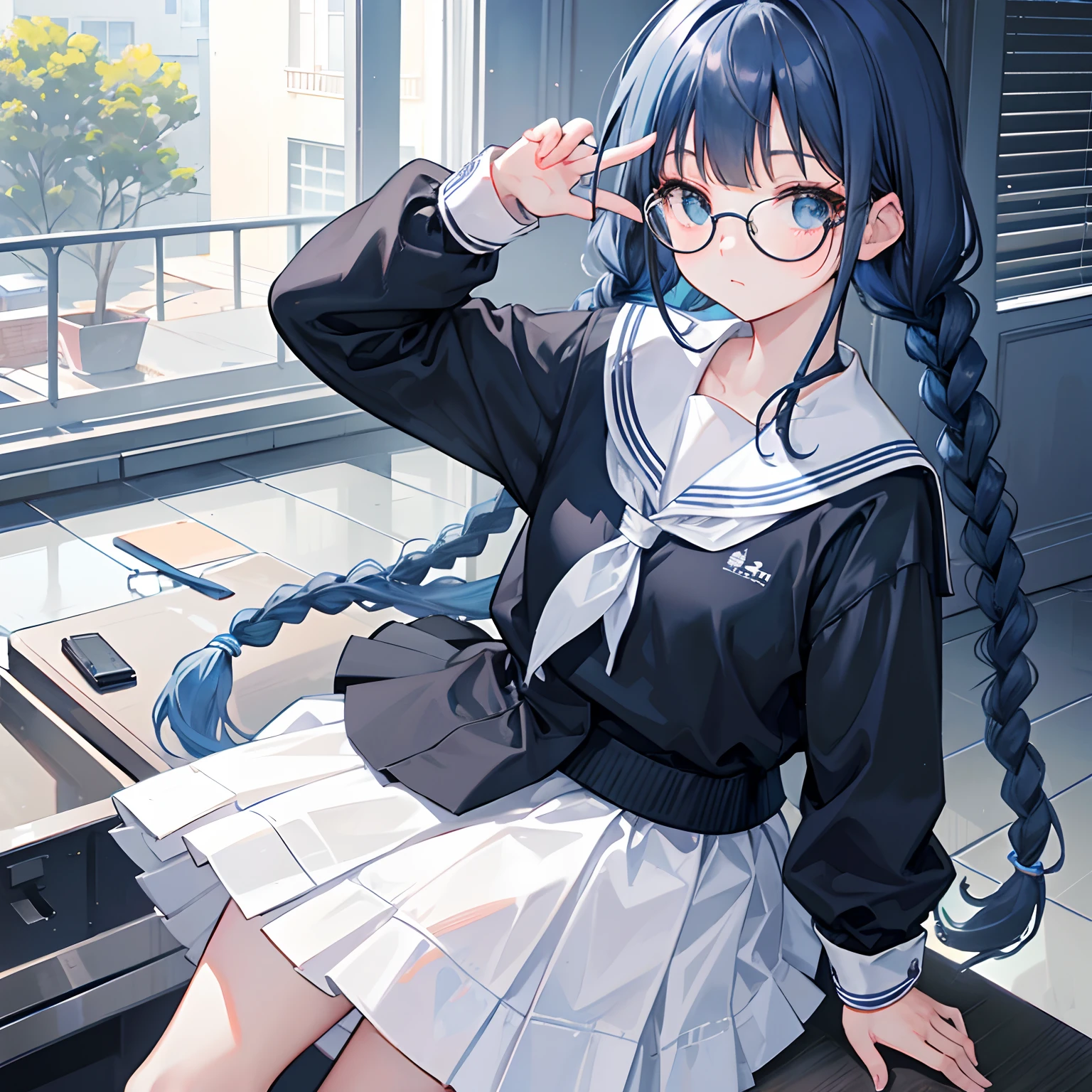 Gray and dark blue hair，With braids，Comes with a pair of thick-rimmed glasses，wearing white clothes，JK school uniform black cloth dress，It's a cute little loli