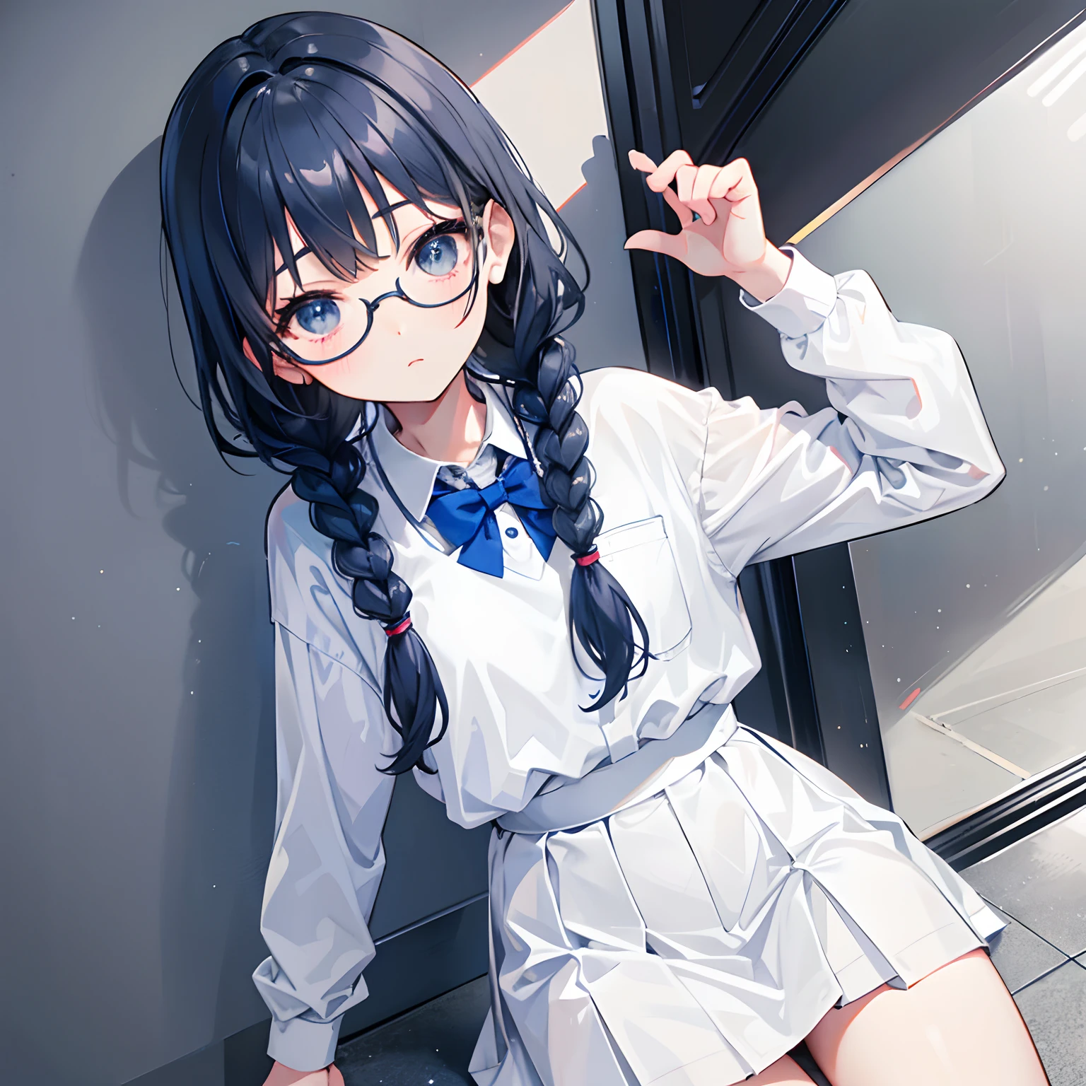 Gray and dark blue hair，With braids，Comes with a pair of thick-rimmed glasses，wearing white clothes，JK school uniform black cloth dress，It's a cute little loli