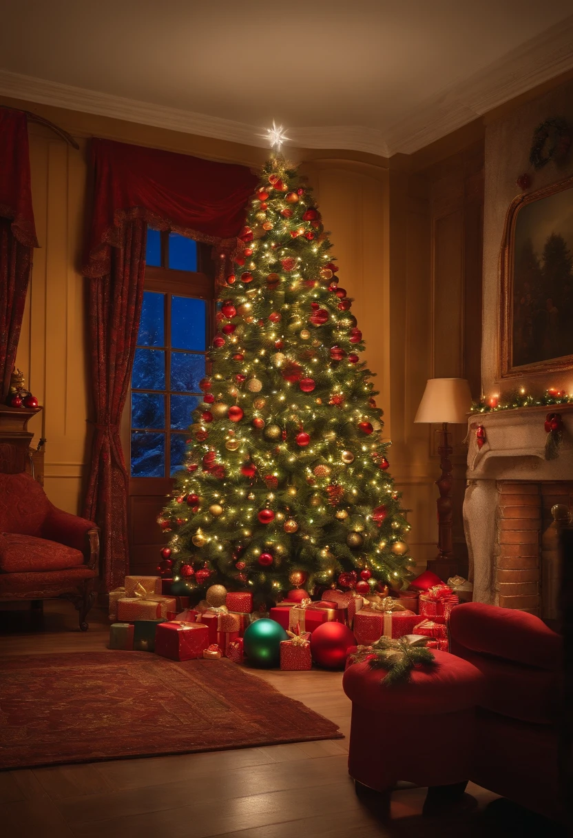 There is a Christmas tree with many colorful balls, next to a fireplace, noite fria, um pequeno pinheiro, presentes de diversos tamanhos, alegria, cores e um pouco de neve. Bom Natal, Feliz Natal.