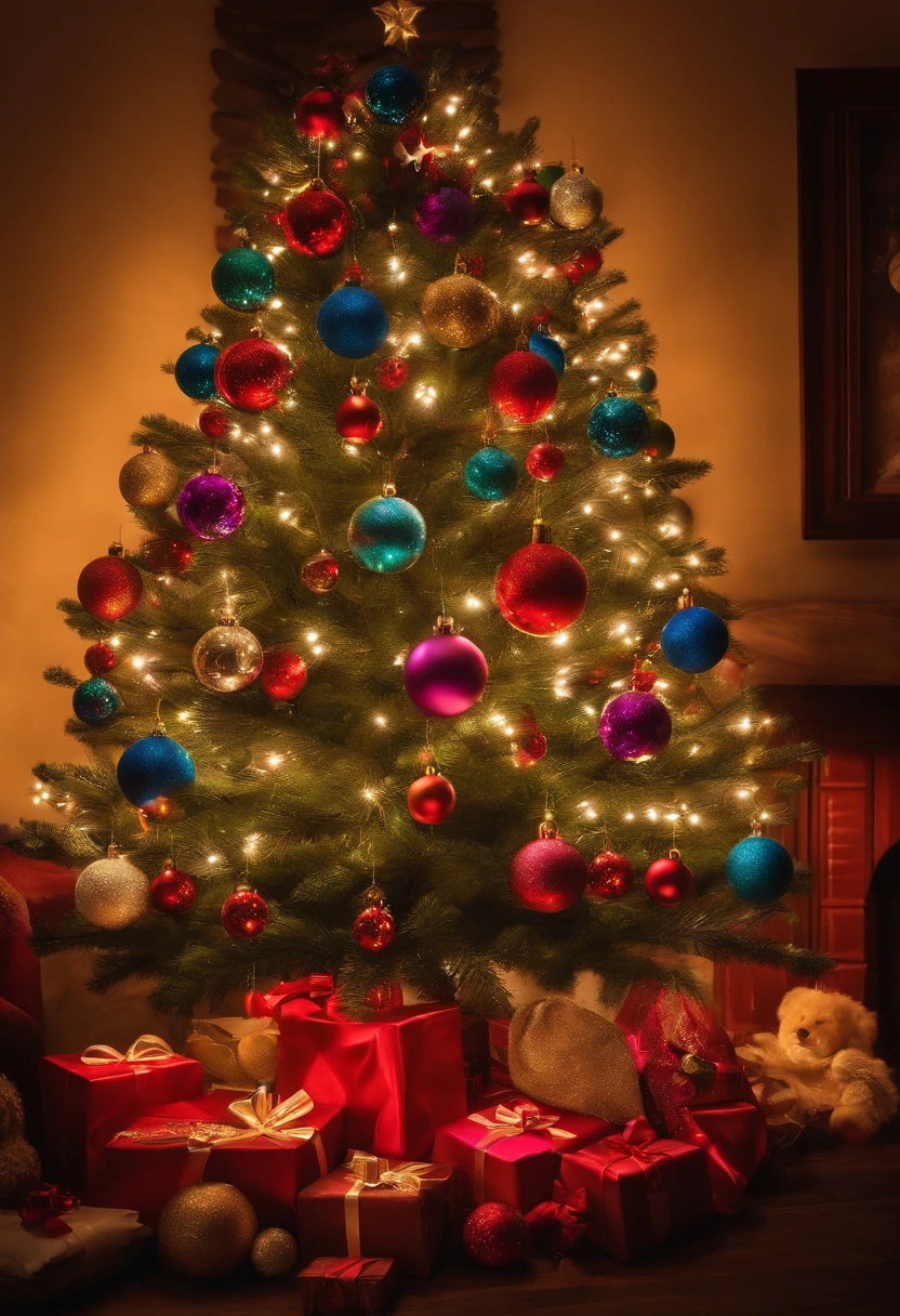 There is a Christmas tree with many colorful balls, next to a fireplace, noite fria, um pequeno pinheiro, presentes de diversos tamanhos, alegria, cores e um pouco de neve. Bom Natal, Feliz Natal.