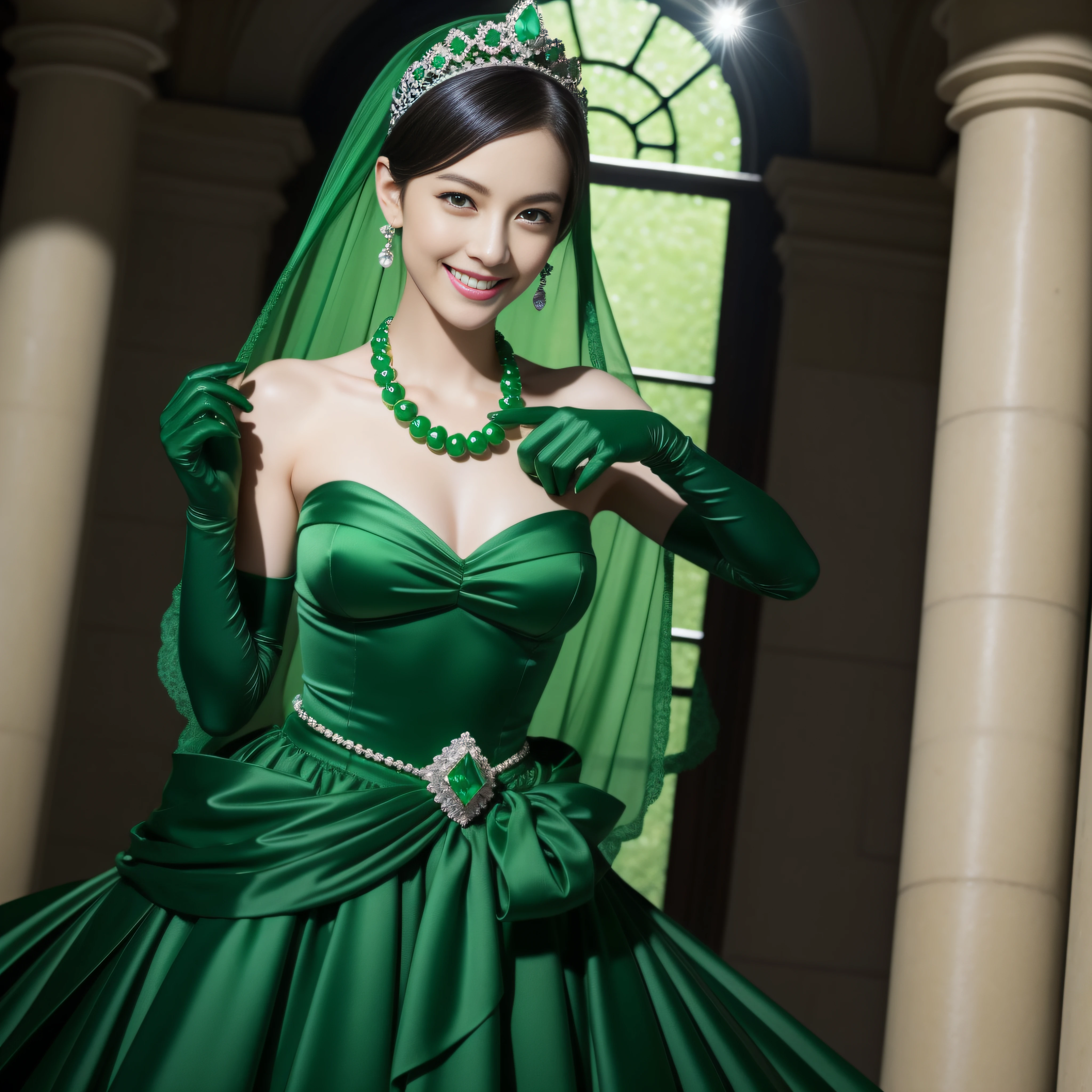 emerald tiara, Green Pearl Necklace, Boyish very short black hair, lipsticks, Japan woman smiling, very short short hair, big breasts beautiful, Green eyes, Long green gloves made of satin material, Green eyes, Emerald Earrings