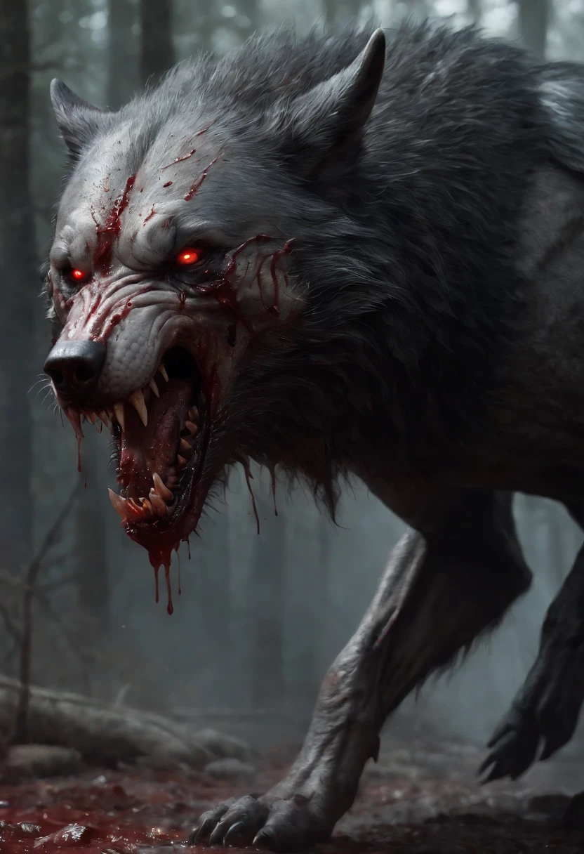 A painting of a really mest up wolf with a bloodied face and a bloodied head, carnage, Sci - Horror Art of Fiction, Science fiction horror artwork, inspired by Aleksi Briclot, Crocs de carnage, Horror fantasy art, par Aleksi Briclot, Horror concept art, venin, Art fantastique et horreur, Detailed illustration of 4K horror, Demonic creature, Dark Fantasy Horror Art