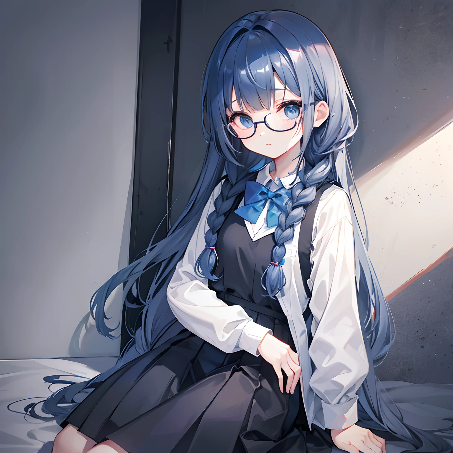 Gray and dark blue hair,With braids,Comes with a pair of thick-rimmed glasses,wearing white clothes,JK school uniform black cloth dress,It's a cute little loli