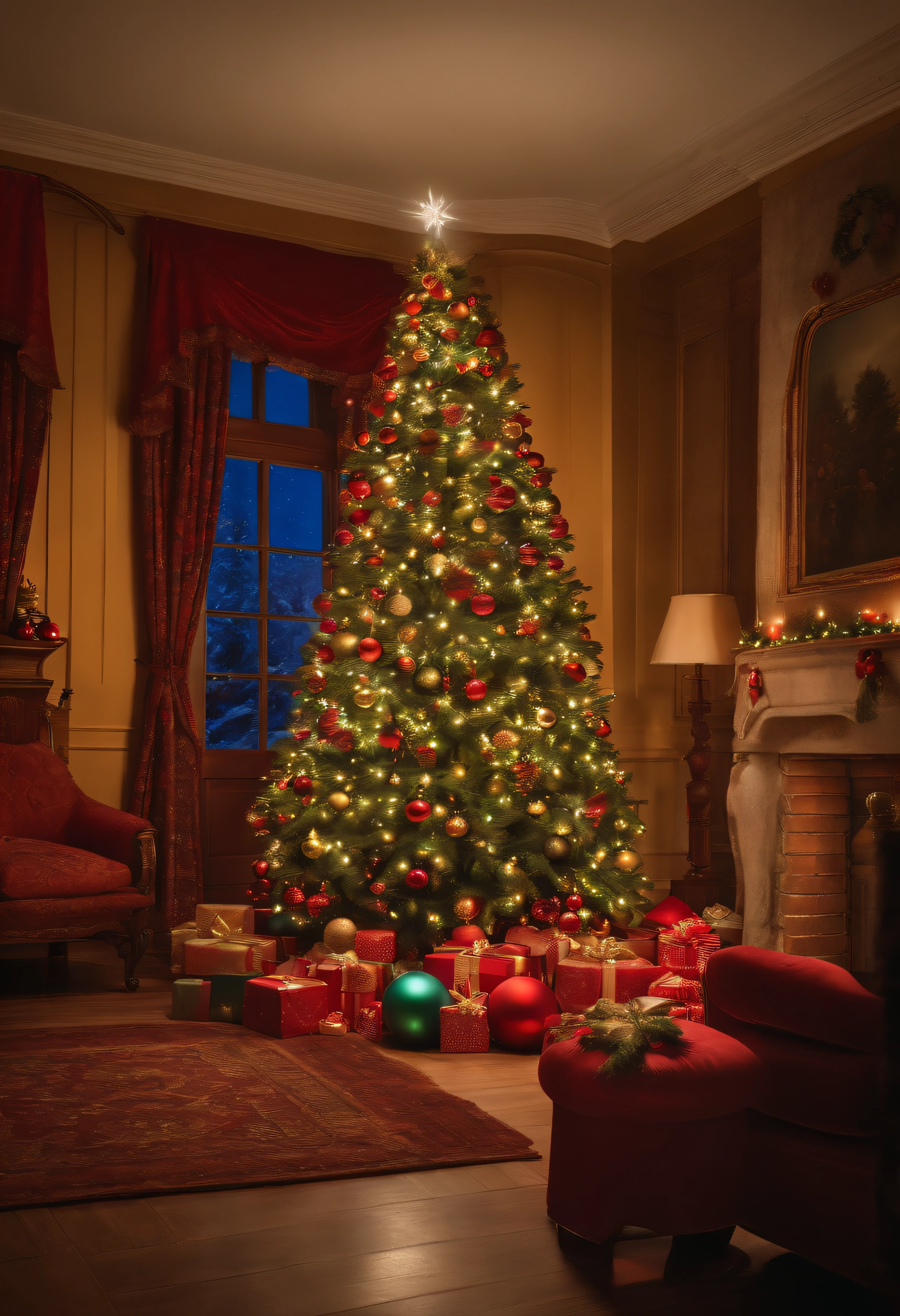 There is a Christmas tree with many colorful balls, next to a fireplace, noite fria, um pequeno pinheiro, presentes de diversos tamanhos, alegria, cores e um pouco de neve. Bom Natal, Feliz Natal.