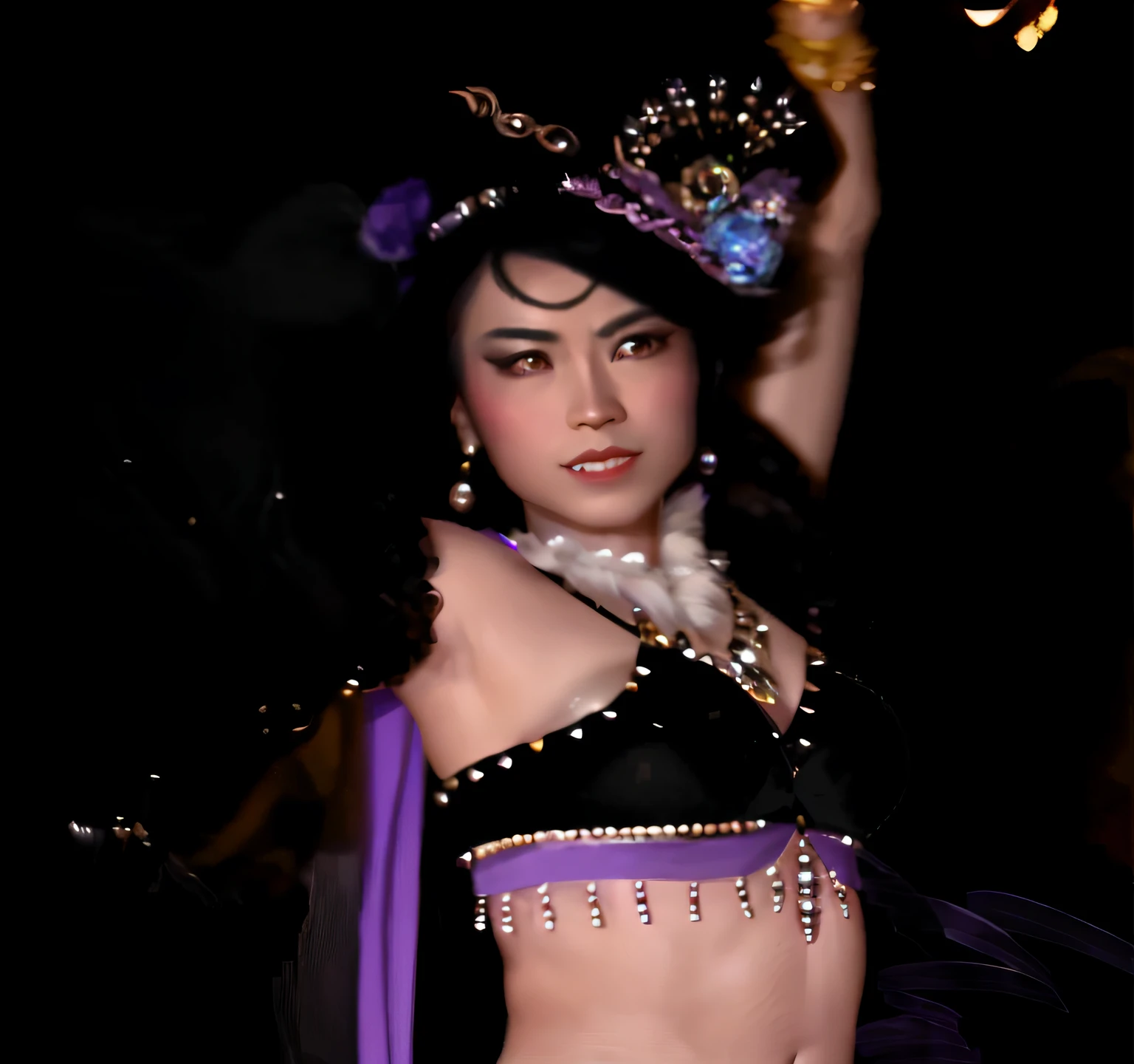 A black vixen who transforms into a beauty, Dressed in purple ribbons and headdresses, she is dressed as a belly dancer, black and violet costume, Belly dancing, inspired by Li Mei-shu, tai costume, gracefully belly dancing pose, The mouth opens slightly,Show fangs,Fierce eyes,The Witch,Succubus,Fang,inspired by Fujiwara Takanobu, Inspired by Li Tang, persian queen, female dancer, jeweled costume, basia tran(Masterpiece, The best quality), A boy, reading book
