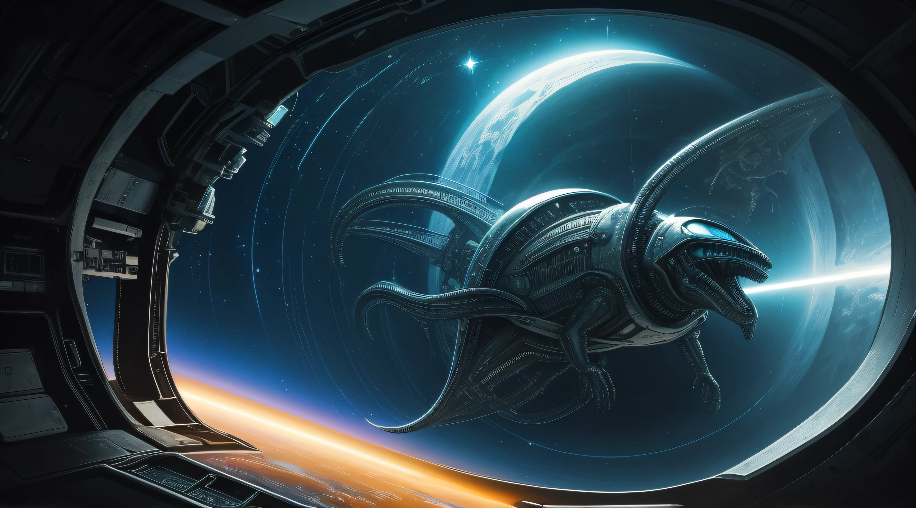 Describe a scene from an alien spaceship, com luzes estranhas, Abducting a Human Being Floating in Deep Space. oil-painting, estilo sci-fi, influence of H.R. Giger, Deviant Art, Detalhes surreais, alien illumination.
