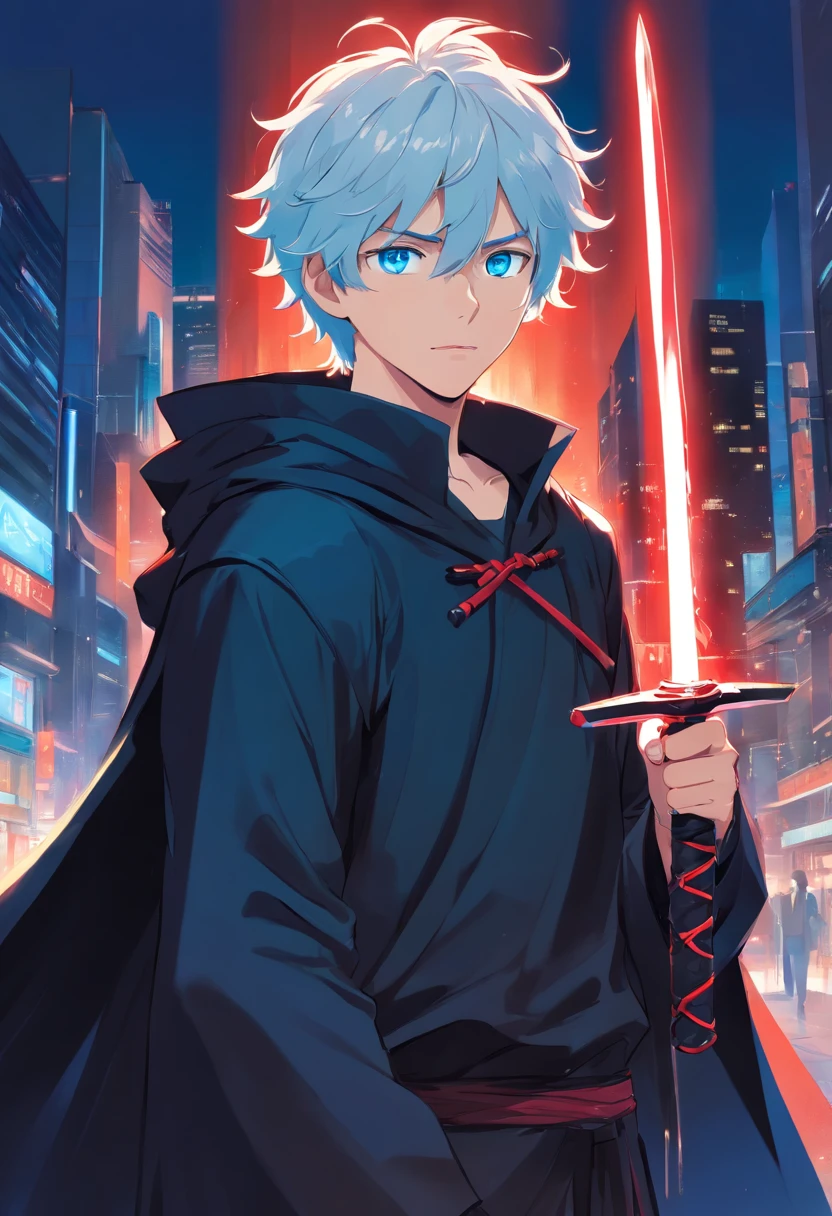 A young man with white curly hair is vibrant blue eyes in a black outfit with a black cloak with red holding a black iron sword