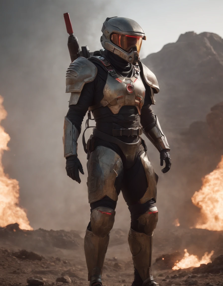 Future Battlefield,Alien Civilization War,Gunsmoke fills,A small mound,A red flag is planted on it,A soldier in armor,full armour,The background is the army of the SA,The picture is stunning,Magnificent,Magnificent,in the style of futuristic