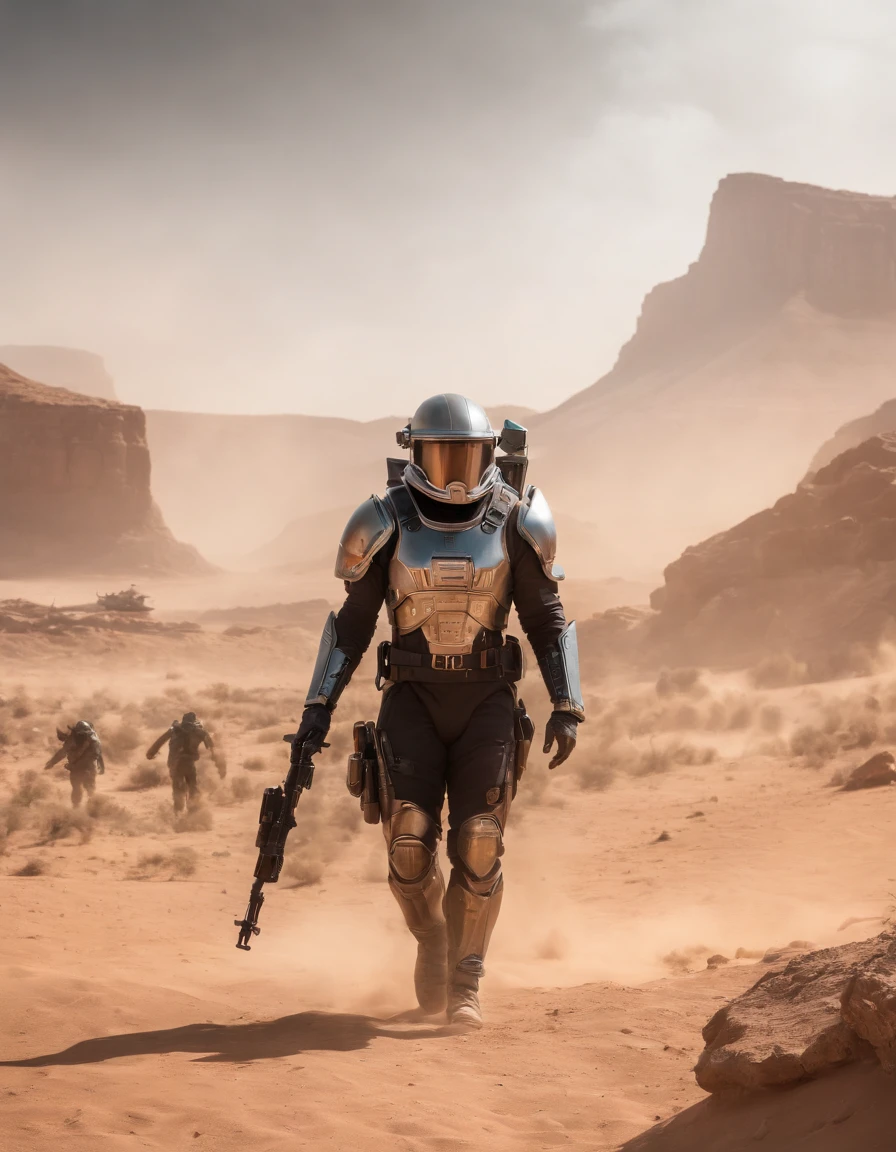 Future Battlefield,Alien Civilization War,Gunsmoke fills,A small mound,A red flag is planted on it,A soldier in armor,full armour,The background is the army of the SA,The picture is stunning,Magnificent,Magnificent,in the style of futuristic