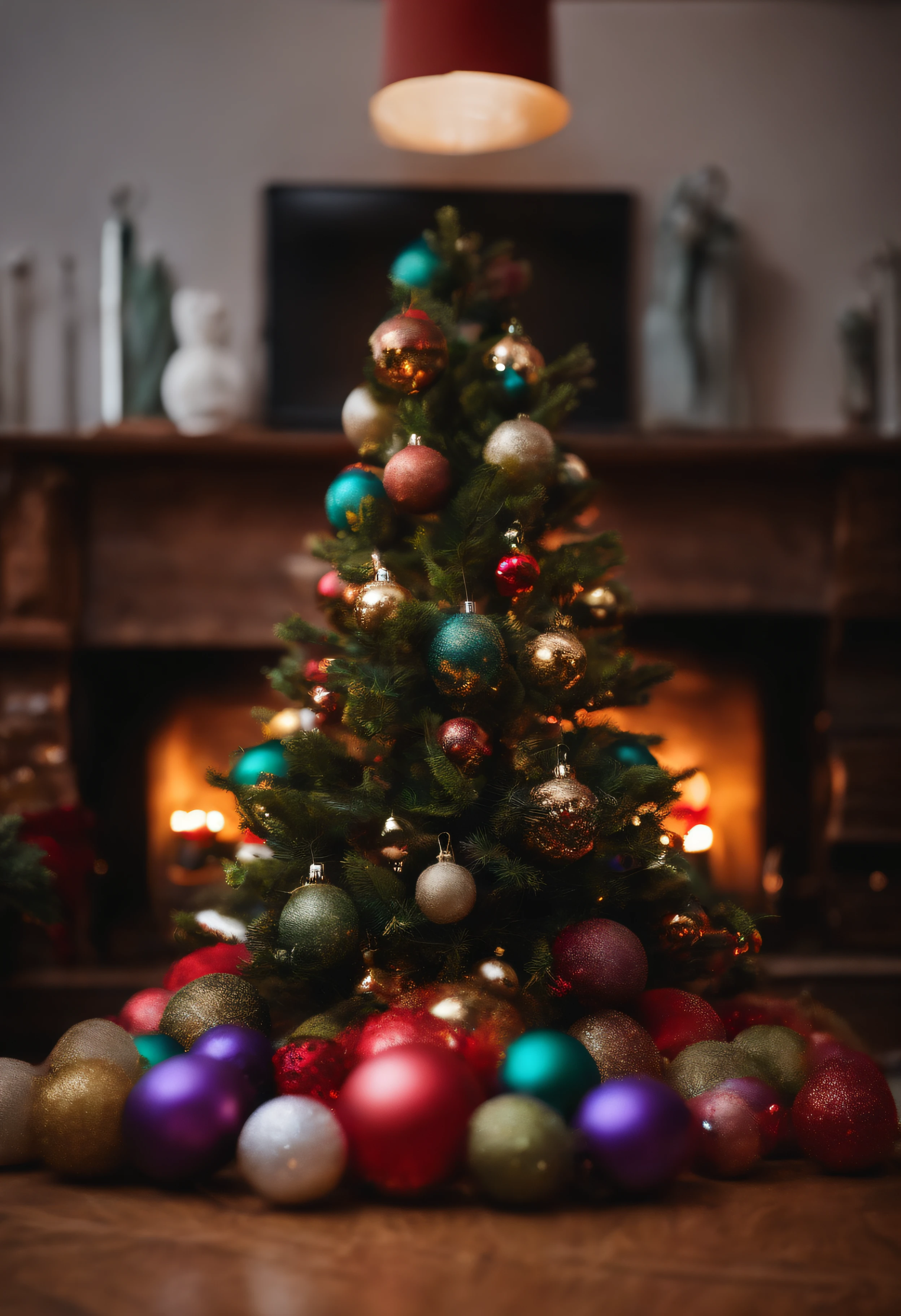 There is a Christmas tree with many colorful balls, next to a fireplace, noite fria, um pequeno pinheiro, presentes de diversos tamanhos, alegria, cores e um pouco de neve. Bom Natal, Feliz Natal.