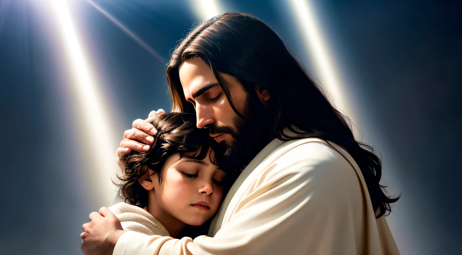 jesus holding a ***** in his arms and hugging him, jesus hugging a woman, jesus christ, greg olsen, ! holding in his hand !, beautiful depiction, christian art, the lord and savior, by László Balogh, he has a treasure with him, beautiful image ever created, unconditional love, jesus, by Roman Bezpalkiv, beautiful art --auto