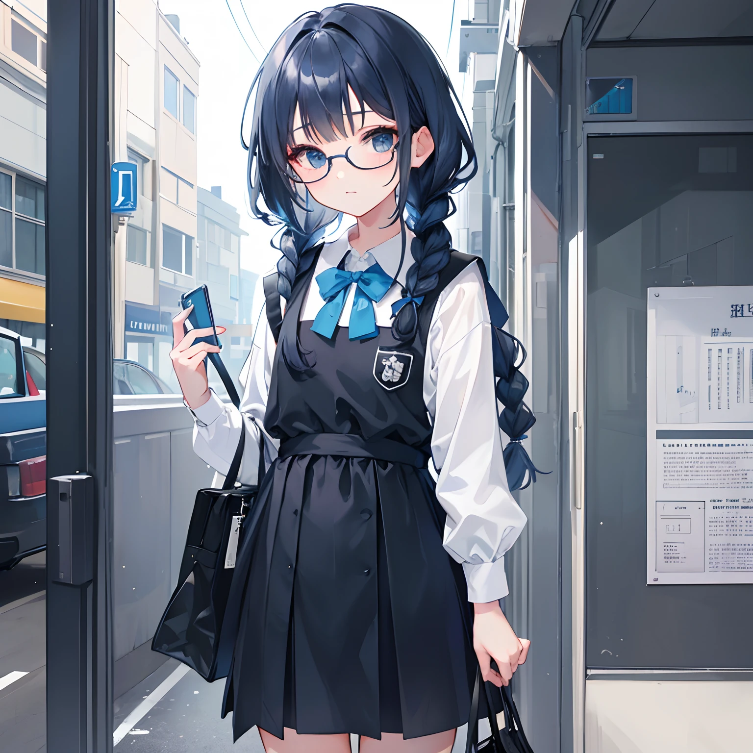 Gray and dark blue hair，With braids，Comes with a pair of thick-rimmed glasses，wearing white clothes，JK school uniform black cloth dress，Short，It's a cute little loli