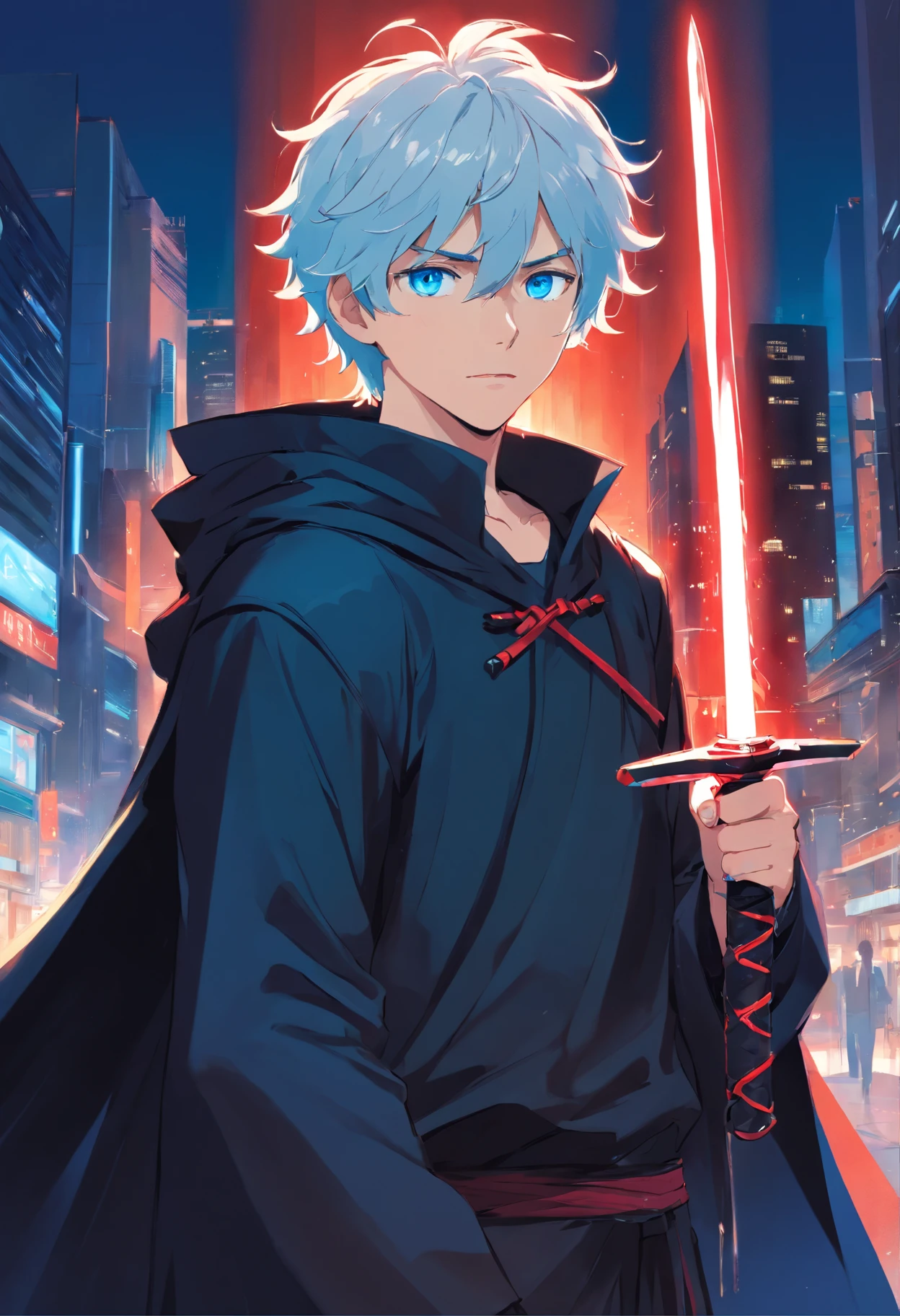 A young man with white curly hair is vibrant blue eyes in a black outfit with a black cloak with red holding a black iron sword
