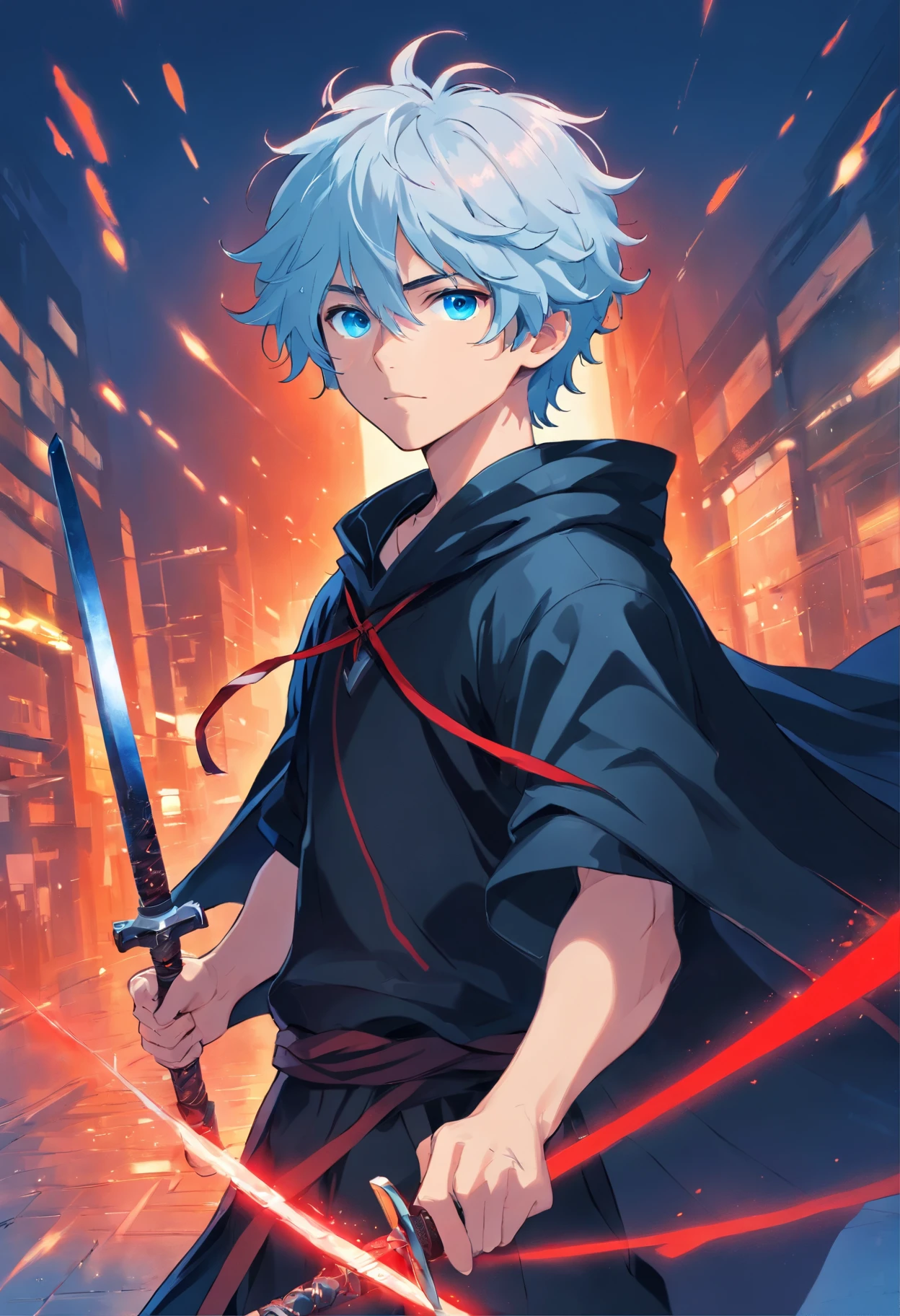 A young man with white curly hair is vibrant blue eyes in a black outfit with a black cloak with red holding a black iron sword