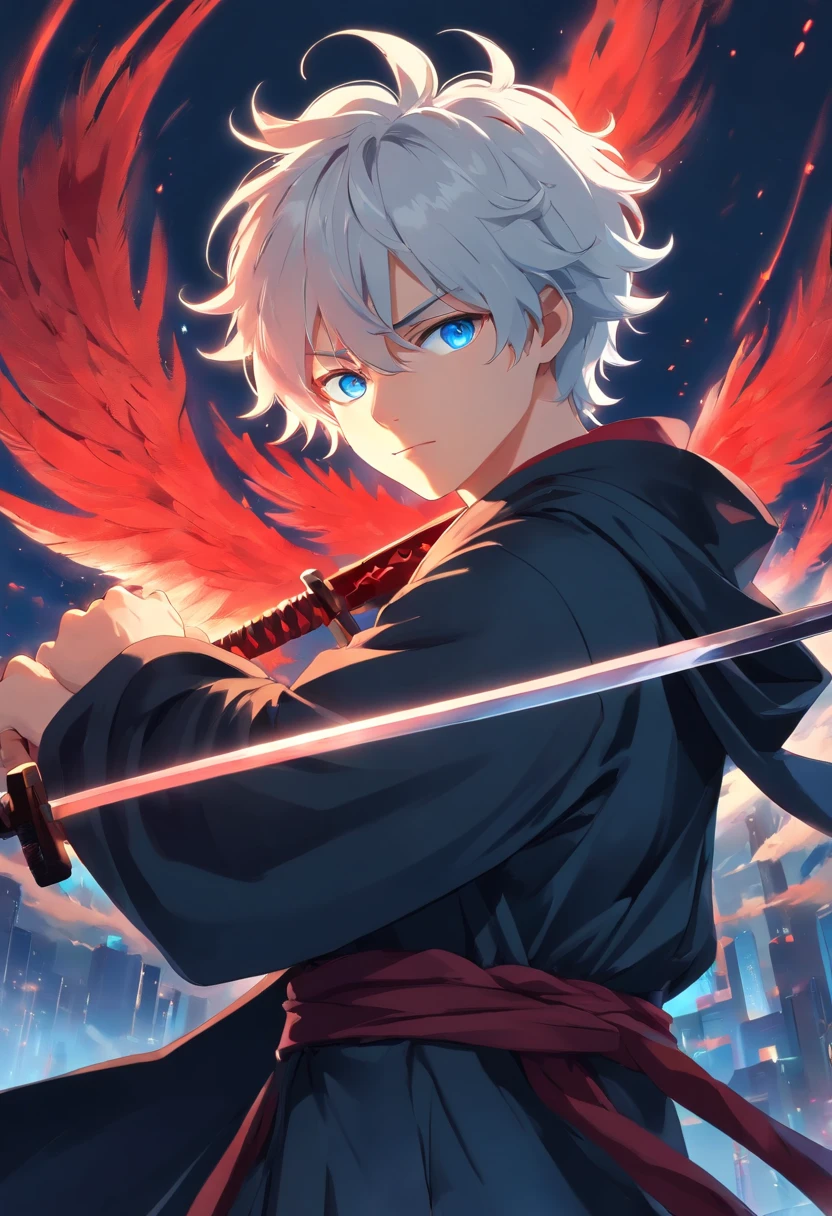 A young man with white curly hair is vibrant blue eyes in a black robe with a black robe with red holding a black iron sword with blood wing