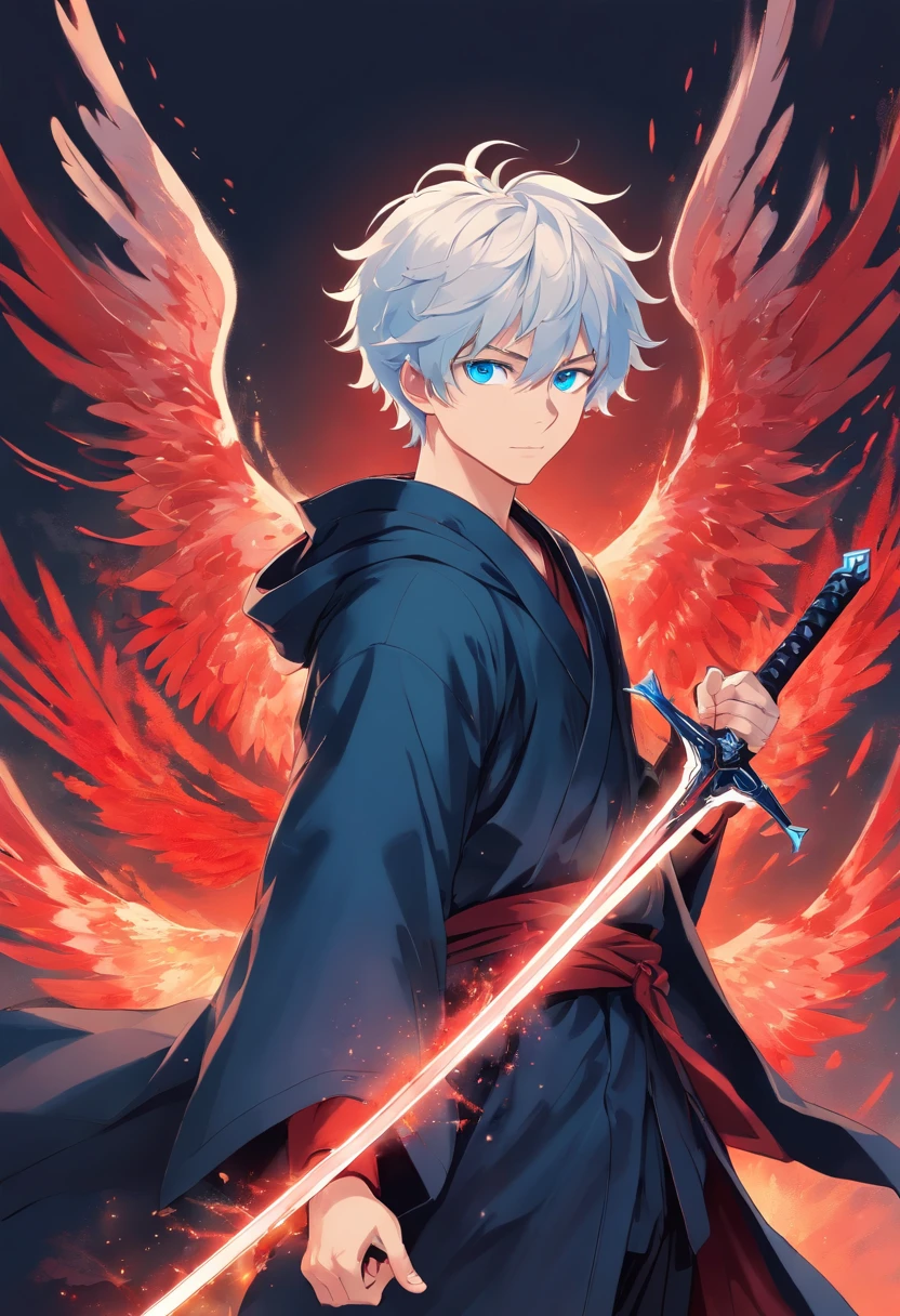 A young man with white curly hair is vibrant blue eyes in a black robe with a black robe with red holding a black iron sword with blood wing