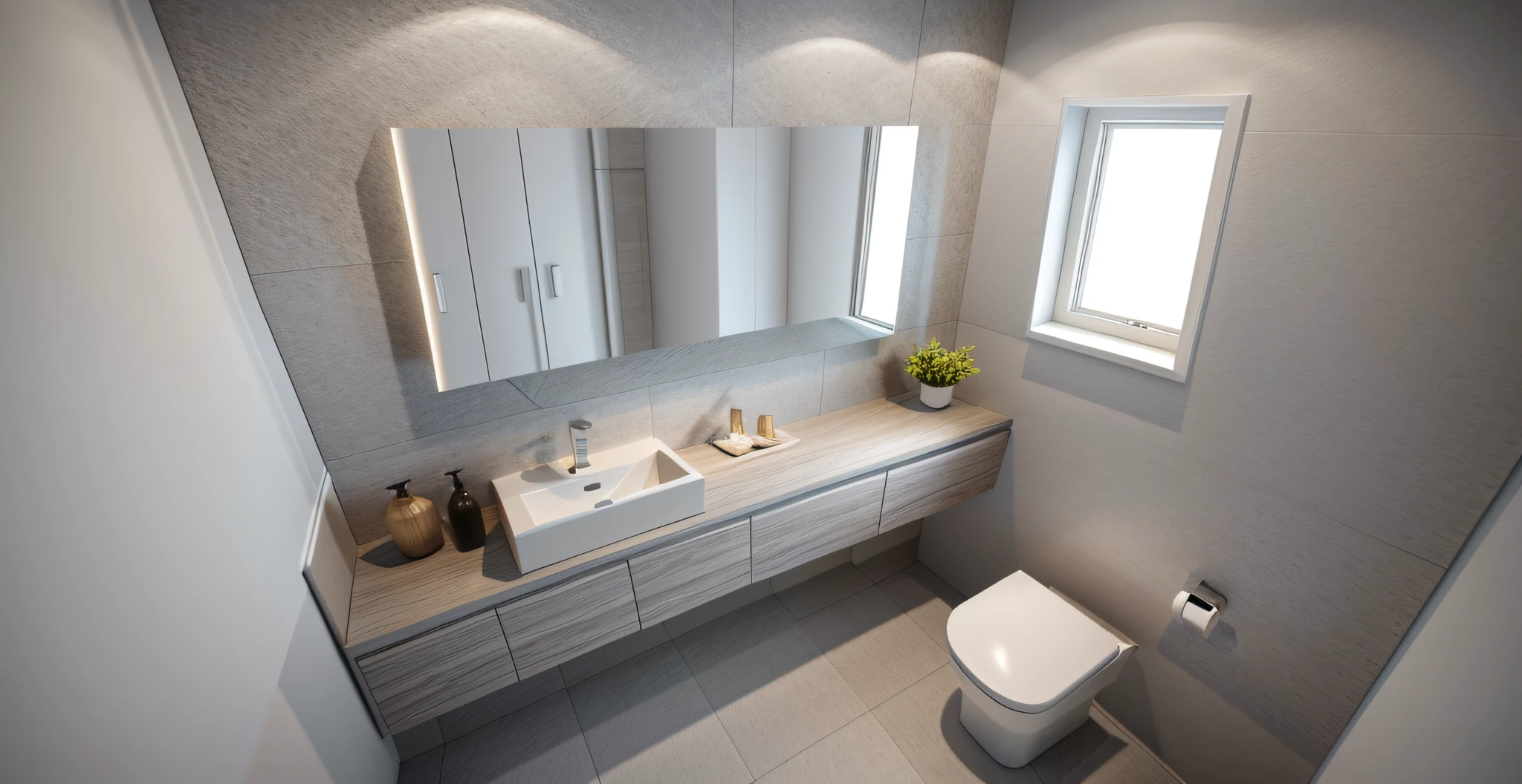 Bathroom with a toilet, sink and a mirror above countertop, countertop made of marble with carved square sink, wall behind countertop is mirror, other walls with beige painting, gray tiling on floor, detailed 3D render, high detailed rendering, 3/4 view realistic, 3d architectural concept