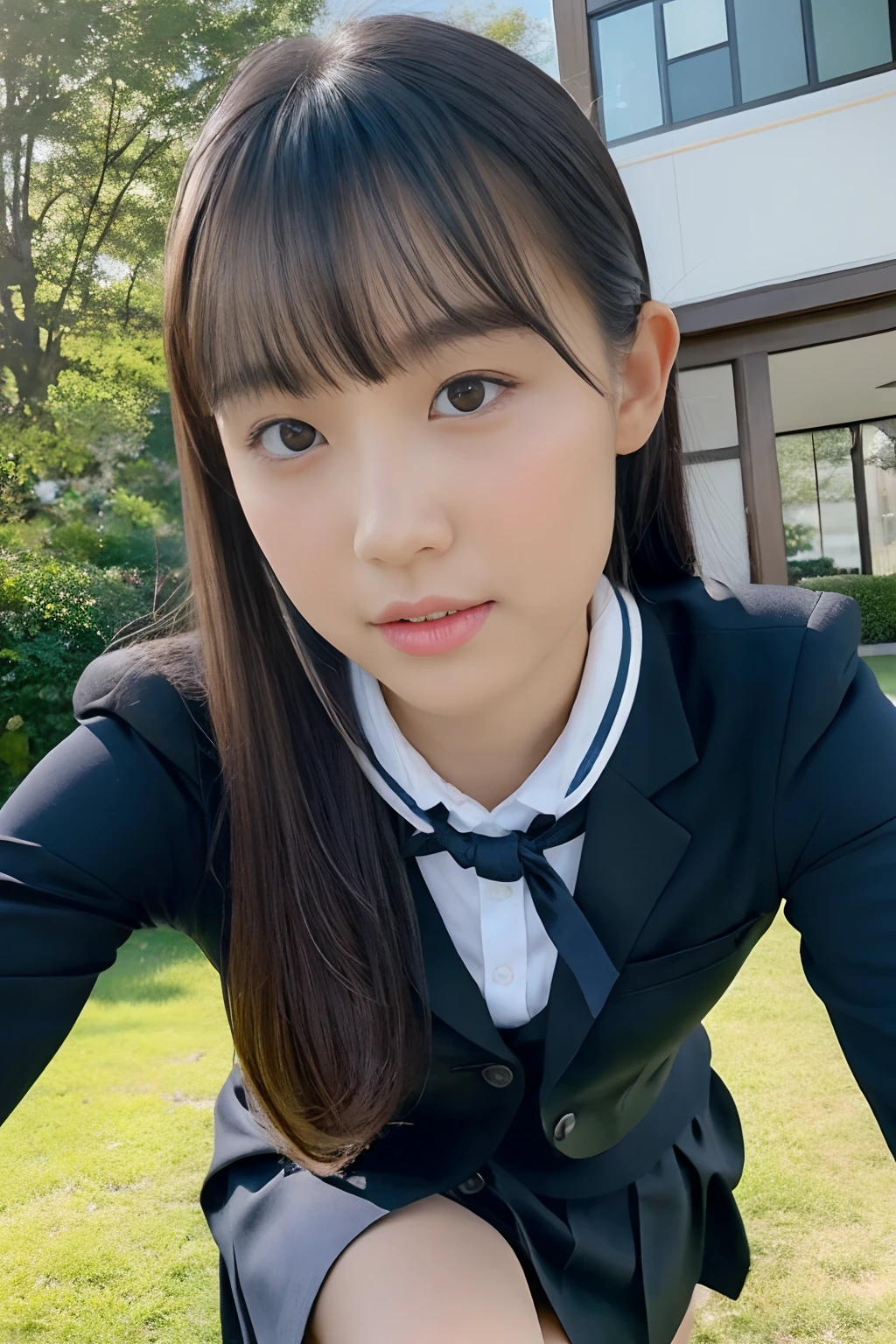 Japan school uniform, a closeup, wide angles, low angles, peitos fartos, Brown hair, looking at the viewers, portlate, 耳Nipple Ring, ear phone, hi-school girl, Ultra Mini Fabric Pleated Skirt, neck tie, Black Suit, Red suit, a sailor suit, Posing Black Eye, unparalleled masterpiece ever, super realistic 8K, Clean and beautiful face, Glossy skin, Skindentation, top-quality, 超A high resolution, Photorealsitic, ((Look at viewers)),full bodyesbian,knee high socks,opening legs