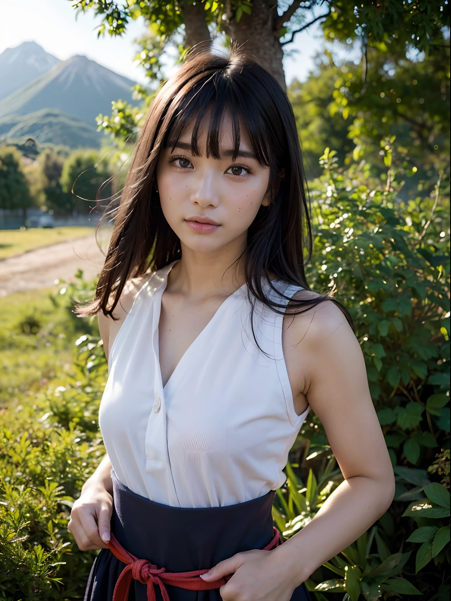 (in 8K. HDR.Hyper-Realism、Masterpiece 1.4、Live Photo 1.4, Best quality1.4, Ultra Detailed 1.4、masterpiece:1.4、Insanely detailed、Perfect Shading、Solo Photography、canonEOS.50mm Lens、full body photographed)(((Diandre、German national costume.grass field、I can see the mountains in the distance、full body picture 1.5)))(((Japan Female, 18year old、Small face 1.4、Sleepy face、long、straight haired、Bangs on the forehead、A dark-haired、Five Fingers.)))、(small tit、small tits、muscular body、 s、Beautiful skin shining with sweat、Detailed skin with visible pores、extremely detailed and beautiful face、de pele branca、Detailed skin)、(colorful backdrop、multicolored background、primary colours)