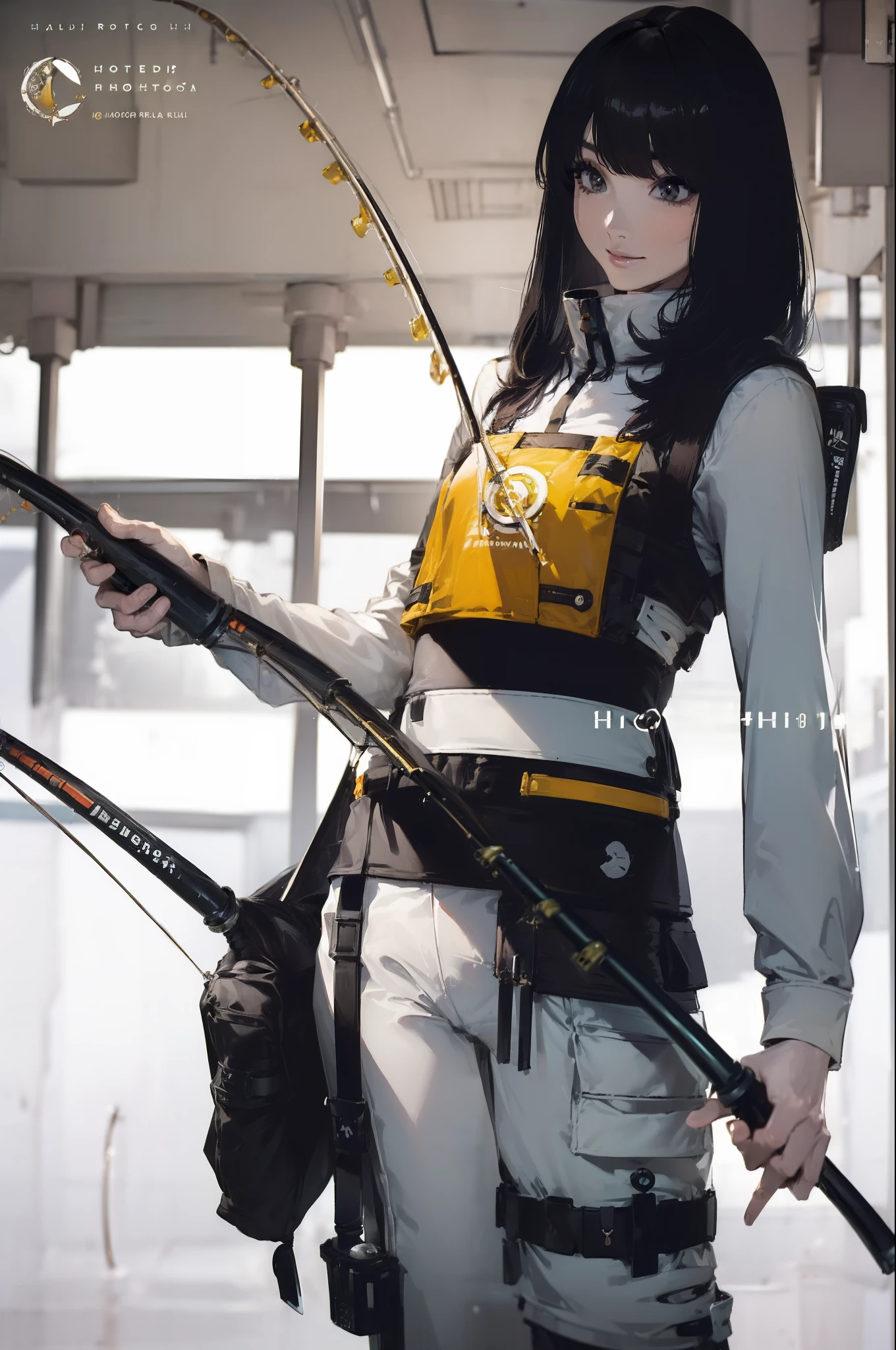 ((((Have a fishing rod with a reel:1.5)))),((Female 28 years old)),((Best Quality:1.5)),(((Fine fingers、Ratio 4 fingers and 1 thumb,detailed arms,detailed human hands))),(((Hands with the correct number and structure of fingers:1.4))),((Lakeside:1.37)),hight resolution,ultra-detailliert,masterpiece,best qualtiy,(Eight-headed body),(1 fishing rod,Holding a fishing rod in your hand,Fishing lure rod,Fishing Reels,Long Sleeve Outdoor Vest,Long pants for fishing,Big backpack),thin and long legs,Beautiful hip line,Beautiful spine,constricted back,Toned waist,beutiful breast),,Gentle smile,shiny lip,(1 fishing rod,Straight stretch fishing rod,Long fishing rod,Woman fishing with fishing rod in hand),Black hair, long eyeslashes, Solid Circle Eyes, drop shadow, Atmospheric perspective,Super Detail, ccurate, small brest,top-quality, blurry backround, bokeh dof:1.2, (masterpiece:1.3), Atmospheric perspective,Super Detail,dynamic compositions, Ultra High Quality,
