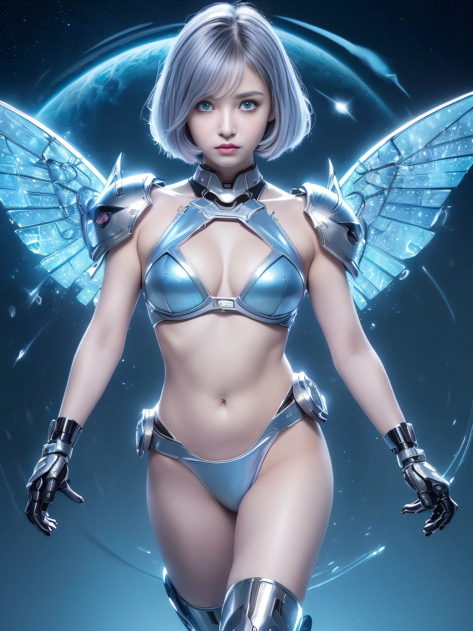 the best ever、8K,(((full body Esbian)))、(((The sheen)))、(((metalic)))、(((cyberpunked)))、The cute beauty of the mecha(Best Quality, Detailed details, masutepiece, , 8K, Chiaroscuro，Great in good shape、Bust photos are ultra-realistic and realistic, Highly detailed Hasselblad RAW shooting )、(((Beautiful and shining natural eyes)))、(((Human skin type)))、（((Highly photorealistic human beings)))、(perfectly round eyes)、(((The details of the iris of the pupil are very amazing)))、(((Shining eyes)))、accurate fingers、Limbs without breakdowns、(((Face of Caucasian 10 year old girl)))、(((Very fair skin)))、Naturally closed mouth、Staring eyes、Natural body、(((a baby face)))、(((Caucasian cool high nose at the base)))、(((Skin types of humane Russian girls)))、(((Very cute female face)))、Feminine body、a small face、(((soft cheeks)))、Looking at the camera、Balanced face、(((drooing eyes)))、(((Beautiful drooping eyes)))、Body with human-like proportions、(((Slightly longer arms)))、(((Slightly longer arms)))、(((long neck)))、Normal shoulder width、(short thighs)、(((Long below the knee)))、(((thick waist)))、(rather long torso)、(((large hands)))、human face、(((Glowing blue-violet light blue silver hair)))、(((Cool and cute short-cut hair)))、(((The background is the future)))、(((8 Head Body)))、(((Luminescent light purple eyes)))、(((Thin thin silver eyebrows)))、(((Thin eyebrows)))、(((Looking at this)))、(((Gentle face)))、Background Mecha、bladerunner、((RoboCop))、Ghost in the Shell、(((Night background)))、(((No makeup)))、(((Hollywood Science Fiction Movie Lighting)))、(((5000 AD)))、Height 164cm、Leg length 82cm、the length of the head is 20 cm,Very subtlyＸan legs、(((Cool pose)))、evangerion、Ayanami、(((murky)))、(((Combat readiness)))、Attack Pose、（((Extremely elaborate joints)))、(((Light blue silver eyelashes)))、(((very thin eyebrows)))、(((very brightly colored eyebrows)))、Precise and precise five-fingered hand、(((Cute round shortcut hair)))、(((Facial expressions that you will miss)))、(((Moist eyes)))、(((Transcendent Beautiful Girl)))、(((Cool Caucasian big nose)))、(((Very elaborate and cute lips)))、Very fine very light colored freckle cheeks、Details of light blue eyelashes、Beautiful nails、(((Colors of science fiction movies)))、(((Sci-fi movie quality)))、(((Saggy eyes of caucasian woman with high definition iris pattern)))、Caucasian woman's eyebrows、(((A sexy)))、(((Gils' taut face)))、(((long jaw)))、(((the nose is long)))、(((Under the short nose)))、(((Delicate eyelashes with high resolution)))、(((Delicate hair)))、(((Artistic photography)))、There is movement、(((Artistically)))、((vermeer))、capricious、(((colorful lighting)))、(((colorful photo)))、(((up of face)))、(((a closeup)))、(((eyesight)))、(((Lusting)))、(((Natural skin with pores)))、(((Natural skin with fine hairs)))、Unconventional、(((Bikini-shaped armor in very shiny reflective iron)))、cleavage of the breast、(((Fully skin-visible décolleté)))、(((fleshy belly)))、(((Body with flesh)))、((10 year old Caucasian girl with baby face))、(((large sensual breasts with pointed points,,,,,,,,,,)))、(((soft thick belly)))、((Whites of the eyes with natural blood vessels))、(((I love you)))、(((Very massive metal wings)))、(((Planktonic)))、(((Ingenious angle)))、(((cosmic background)))