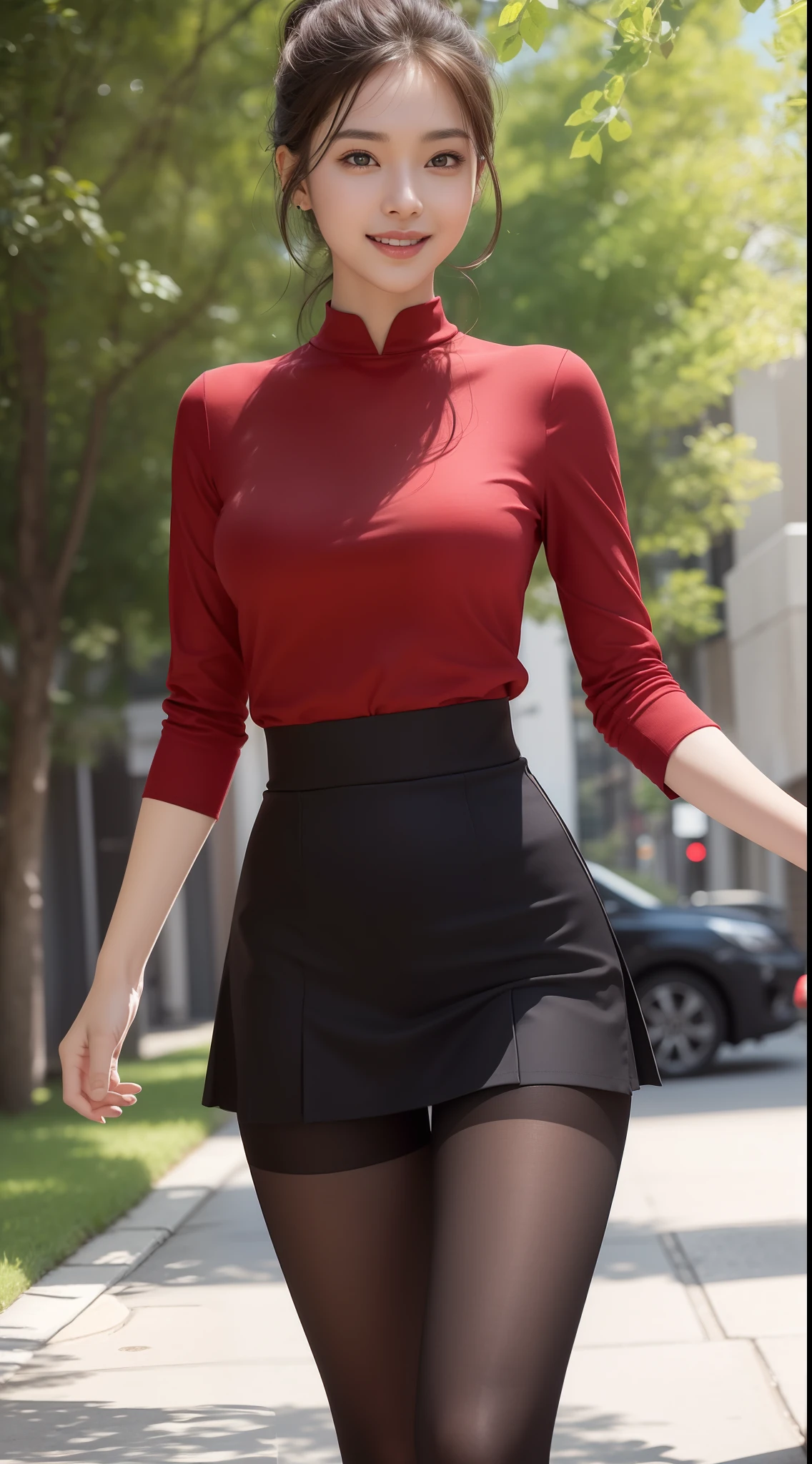 8k, masterpiece, RAW photo, best quality, photorealistic, extremely detailed CG unity 8k wallpaper, Depth of field, Cinematic Light, Lens Flare, Ray tracing, (extremely beautiful face, beautiful lips, beautiful eyes), intricate detail face, ((ultra detailed skin)) 1girl, in the dark, deep shadow, pretty asian girl, 1 girl, (very slim slender fit-muscled body:1.3), ((looking at viewer)),(big smile:1.3), (short skirt ), (red mini skirt ), pantyhose, clear eyes, walking , front shot, (pale skin), (big eyes), face forward, ((red shirt)), (brown hairs), (laced blouse),,(looking at viewer:1.3) very slim, medium breasts, (camel toe), laced black stockings, ponytail, short hair, street, buildings, tree, sunny, high heels,