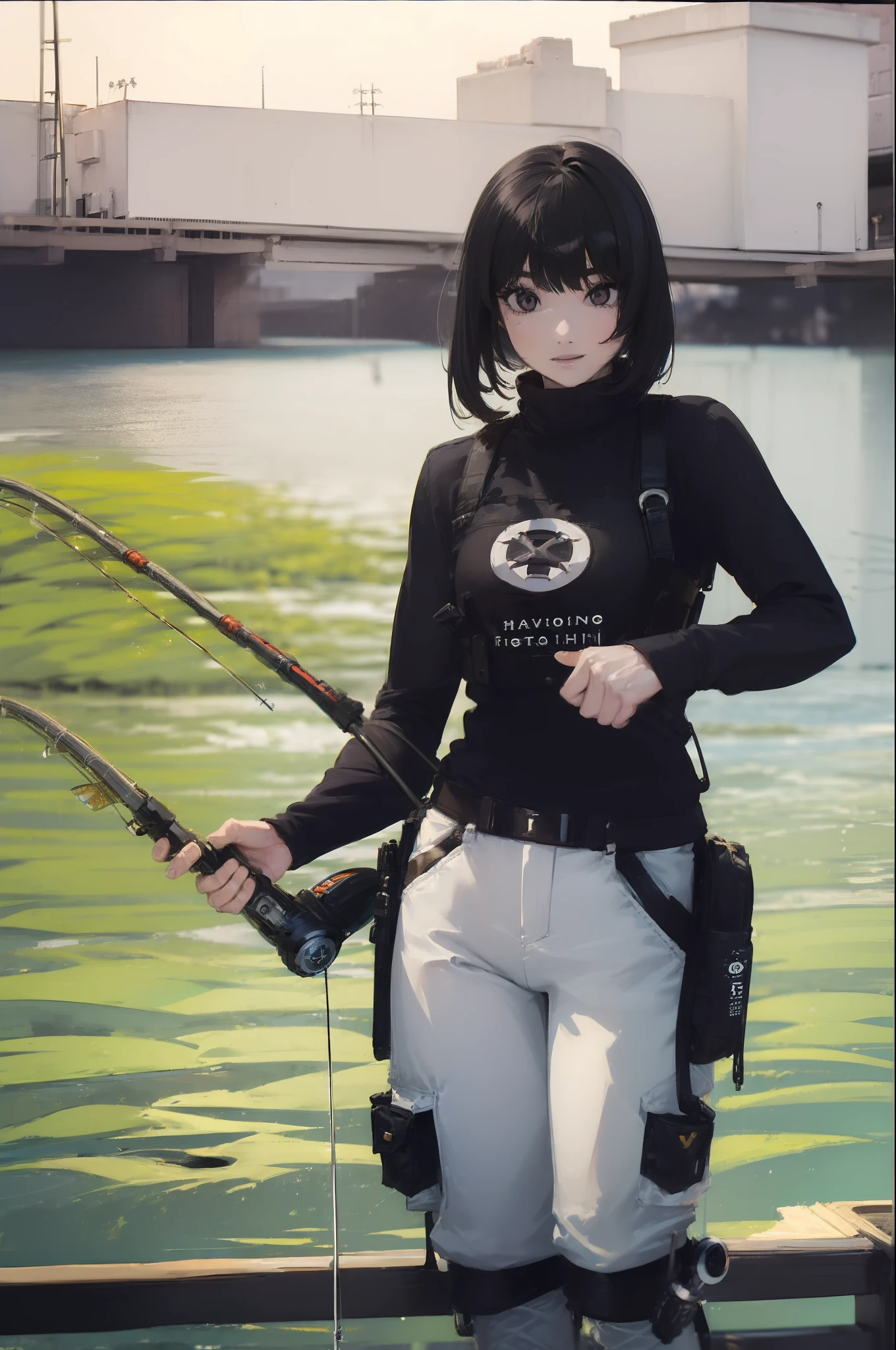 ((((Have a fishing rod with a reel:1.5)))),((Female 28 years old)),((Best Quality:1.5)),(((Fine fingers、Ratio 4 fingers and 1 thumb,detailed arms,detailed human hands))),(((Hands with the correct number and structure of fingers:1.4))),((Lakeside:1.37)),hight resolution,ultra-detailliert,masterpiece,best qualtiy,(Eight-headed body),(1 fishing rod,Holding a fishing rod in your hand,Fishing lure rod,Fishing Reels,Long Sleeve Outdoor Vest,Long pants for fishing,Big backpack),thin and long legs,Beautiful hip line,Beautiful spine,constricted back,Toned waist,beutiful breast),,Gentle smile,shiny lip,(1 fishing rod,Straight stretch fishing rod,Long fishing rod,Woman fishing with fishing rod in hand),Black hair, long eyeslashes, Solid Circle Eyes, drop shadow, Atmospheric perspective,Super Detail, ccurate, small brest,top-quality, blurry backround, bokeh dof:1.2, (masterpiece:1.3), Atmospheric perspective,Super Detail,dynamic compositions, Ultra High Quality,