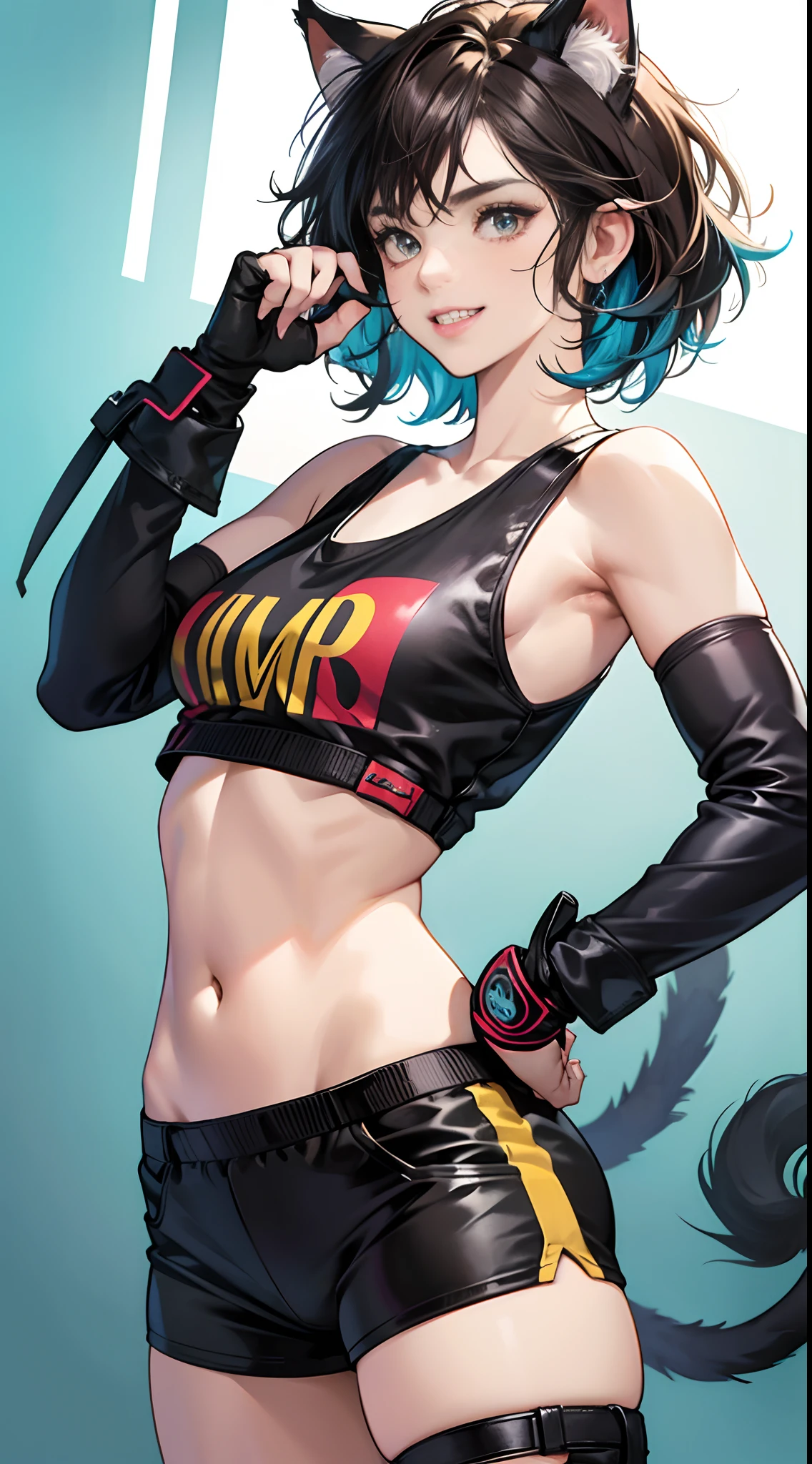 (Best Quality,4K,High resolution), 18yo woman, femele,Feminization of calico cats,Cat's ears,Brown short bob,Black mesh hair,Big eyes,Big Cat Gloves,Knuckle Gloves,dishevled hair,Active characters,A smile,double tooth,Boyish girl,White and red,Sleeveless,Tight Leather Tank Top,Navel out,tight short pant,Cat tail,Delicately drawn illustrations,Vivid color scheme,colourfull,Delicately expressed body,realistic representation,charicature,Comical appearance,action,futuristic background,Dynamic movement