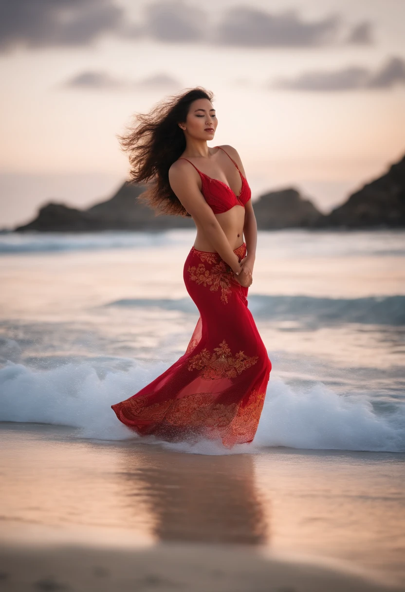 femme mi chinoise mi tahitenne gros sein avec un jolie regard qui danse sur la plage de sable blanc