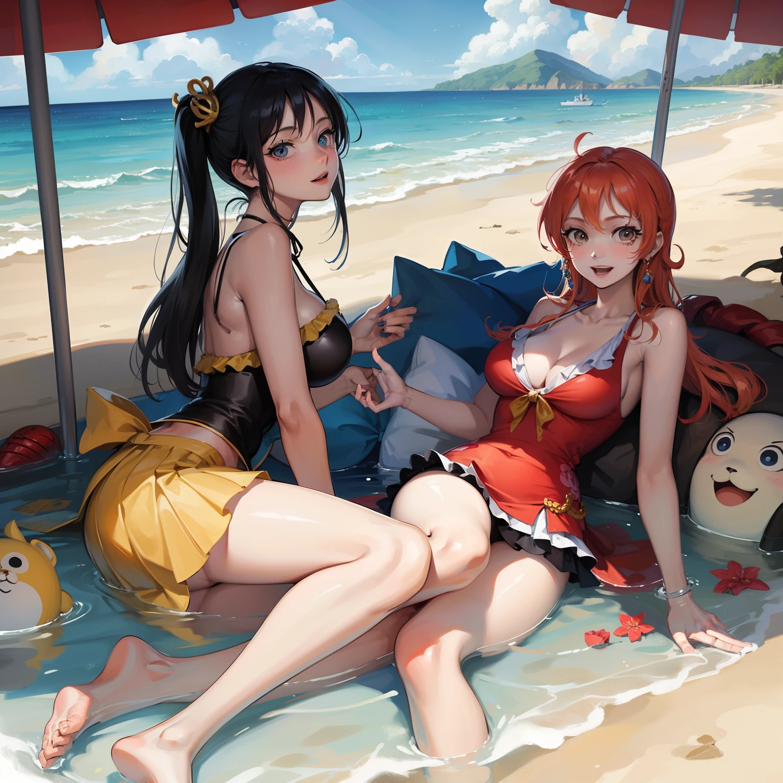 anime characters are sitting on the ground , by Eiichiro Oda, inspired by Eiichiro Oda, one piece, from one piece, nami one piece, Nico Robin from one piece in style, nami from one piece, eiichiro oda style, one piece artstyle, style of eiichiro oda, hq artwork, nami, one piece ship sailing, manga, binkin's, by the water, at the beach, laying down, nico robin with a sun hat on and a black binkin, nami with a colorful bikin on, only robin and nami on the beach, robins legs up laying down, both big smiles, nami with sun glass's nami petting a raindeer teddy bear, both , blushing , happy, cheerful smiles, only 2 people in the imagie, revealing sundress
