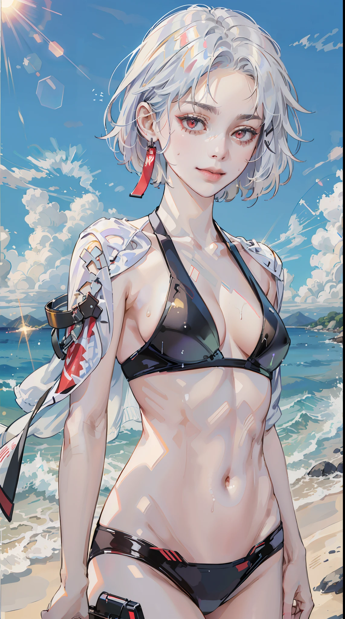 ((((masterpiece, best quality, high resolution)))), Extremely detailed 8K, Beautiful girl with slender body, (Ultra HD, Ultra-detailed, Highly detailed, Highly realistic, Ultra-realistic, photograph realistic), (1girl:1.5), white hair, short wavy hair, bob cut, red eyes, light smile, average breasts, wet clothes, (neon patterns bikini), beach, (sunbeam, sunlight, rose, wind),