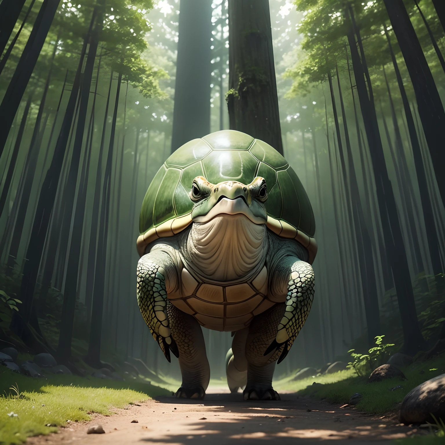 「Turtle with a spiny shell」Please generate an image。
Features of turtles:
The turtle is big、Its carapace is bright green。
On the surface of the carapace, spikes protrude sharply.、Gives strength and sturdiness to the turtle's appearance。
Turtle Pose:
The turtle is walking slowly、The body of the turtle is slightly lifted。
The turtle's neck is long,、Stretch forward、I look around with curiosity。
Background with:
The turtle is in the green forest。The tree々and grass spreads around、Represent the turtle's natural habitat。
Atmosphere and emotions:
From this image、Convey an atmosphere that makes you feel the turtle's strength and harmony with the natural world。
Color scheme:
With the green shell of a turtle、Enhance the green forest scenery around you、Use natural shades。
Based on this advanced prompt、I hope you can generate an image of a turtle with a spiny shell。