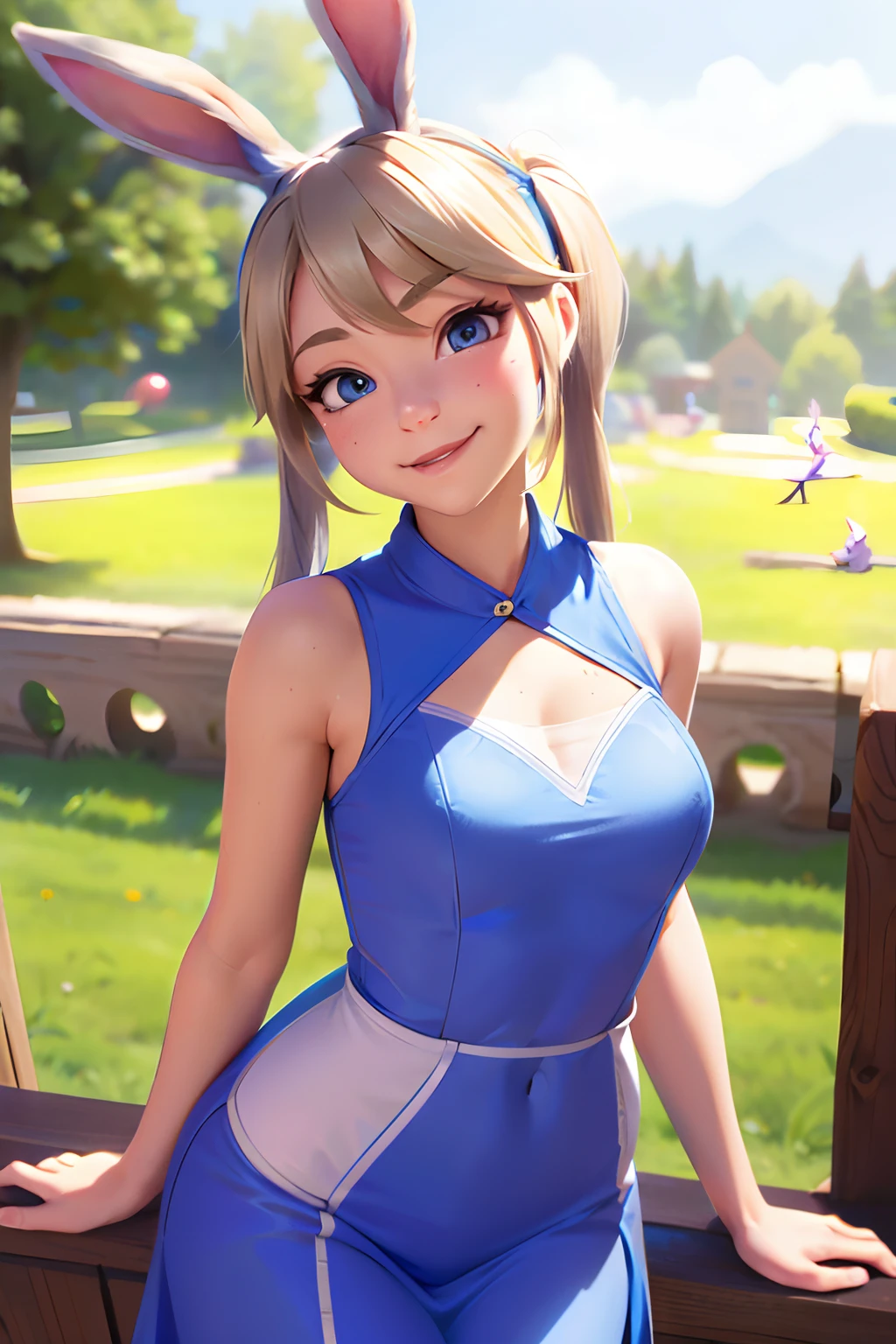 Judy Hopps, adorable face, cute expression, perfect anatomy, beautiful scenery, detailed face. Long blond hair, high pigtails. Sexy dress, toned features.