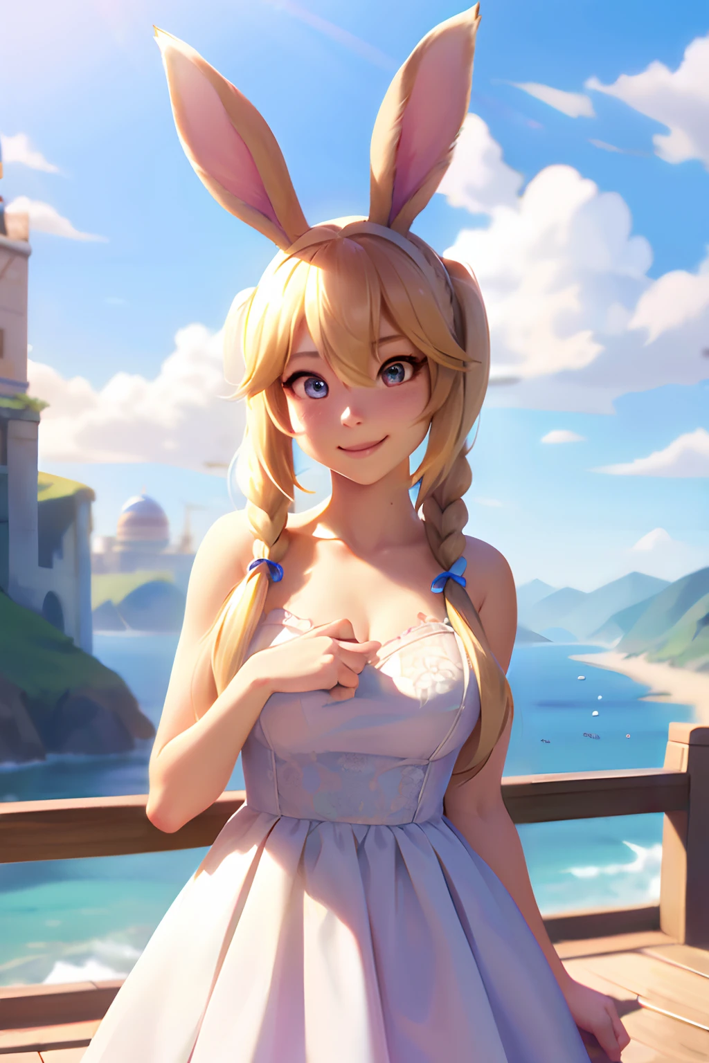 Judy Hopps, adorable face, cute expression, perfect anatomy, beautiful scenery, detailed face. Long blond hair, high pigtails. Sexy dress, toned features.