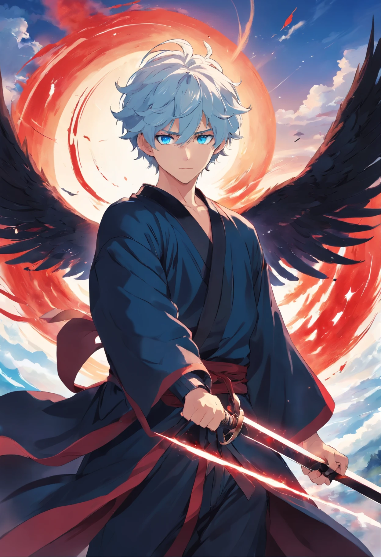 A young man with white curly hair is vibrant blue eyes in a black robe with a black robe with red holding a black iron sword with blood wing flying through the sky