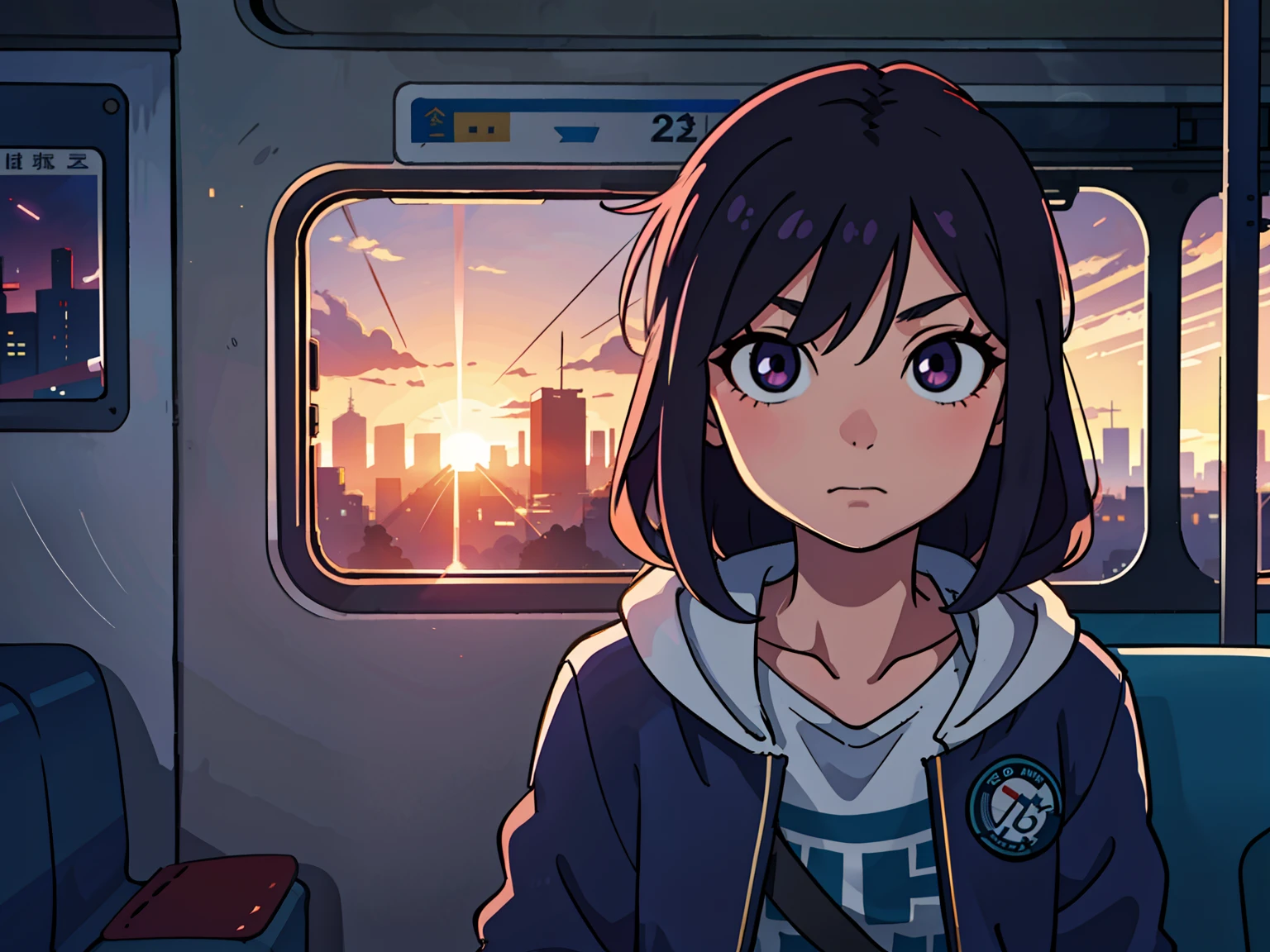 Teenage girl on the train, Unclean, City Background, Sunset
(top-quality:0.8), (top-quality:0.8), perfect anime illustration, Dark indistinct face, Glowing eyes