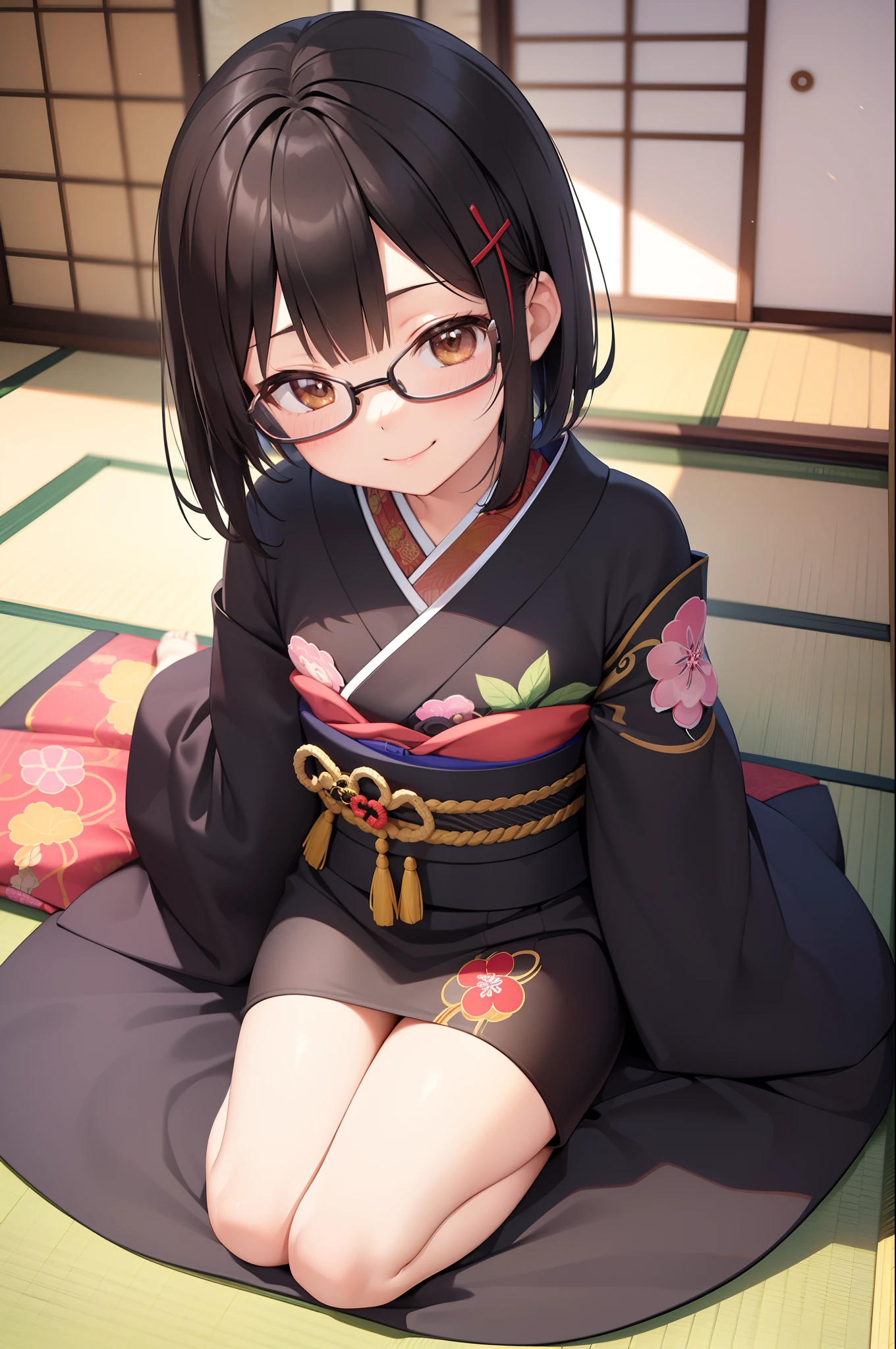 Round glasses, short hair, brown hair, small breasts, worried eyebrows, thick eyebrows, sweat, red cheeks, Japanese-style room, naked, unbuttoned, kimono, smiling slightly, dirty eyes, having sex, legs spread