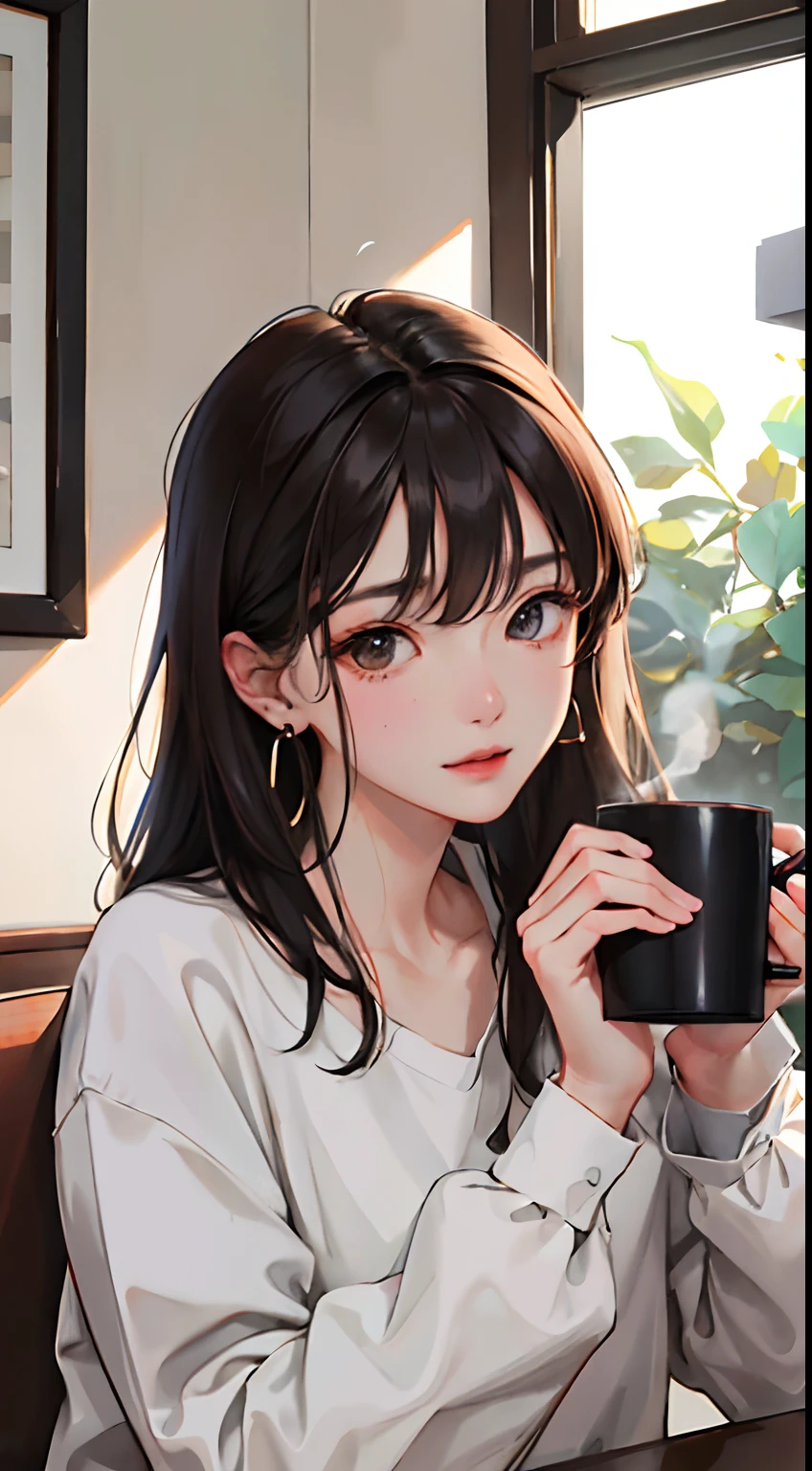 (masuter piece:1.2、top-quality)、(Real Photographics、intricate-detail)、独奏、1、home、facial close-up、The shirt、(Front Focus)、Large round earrings、looking at me、Bangs Morning Coffee