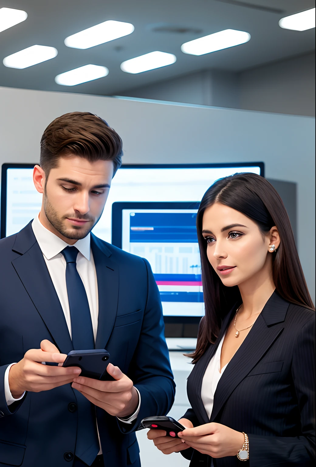 handsome man and a beautiful business woman, doing a business, showing their cell phones, in a futuristic office with technological elements,9k, realistic, detail, high ress