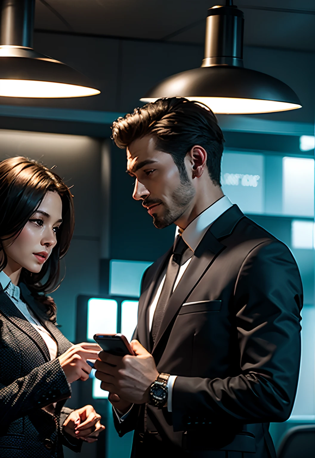 handsome man and a beautiful business woman, doing a business, showing their cell phones, in a futuristic office with technological elements,9k, realistic, detail, high ress
