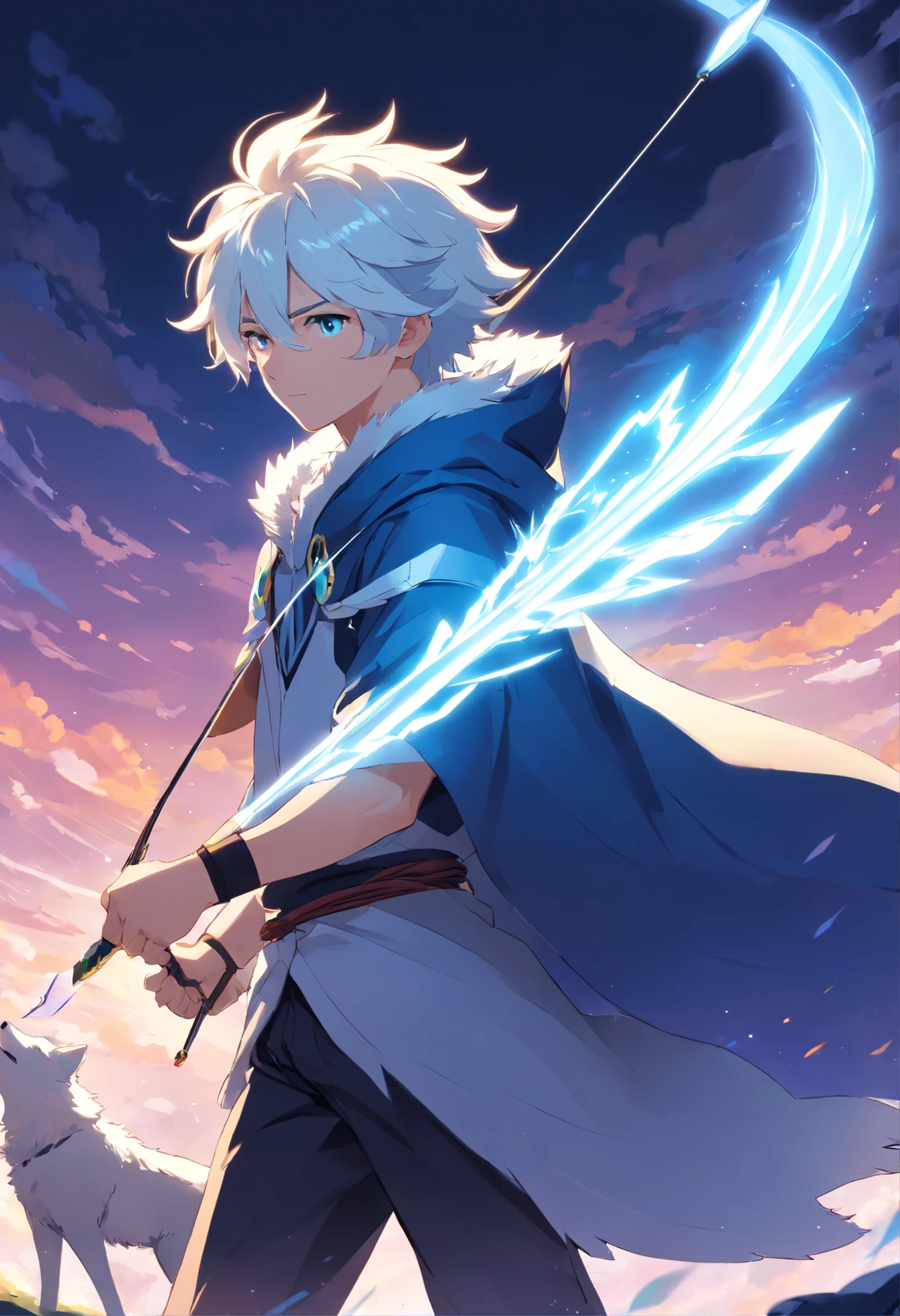 A young man with a white wolf's tail with white curly hair with blue tips and white eyes in a black outfit and a rainbow cape holding a bow and arrow of lightning