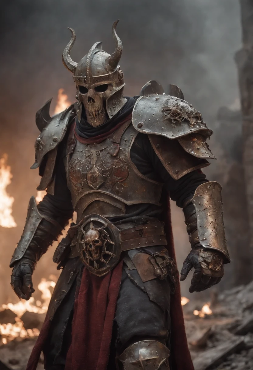 metal maden male chaos warrior of khorne in armor is holding a great sword in a ruined post-apocalyptic city, skulls mask, sci-fi, fantasy, horror, skulls on the ground, blood, Tornado, Roman, Empty chairs,Tangled roots,Key, Warped,Mangled,Ethereal, (Isolation:1.1), (Glaze:1.1), (Reflected light:1.2), Glass, Polygon, ultra detailed, intricate, oil on canvas, dry brush, (surrealism:1.1), (disturbing:1.1)