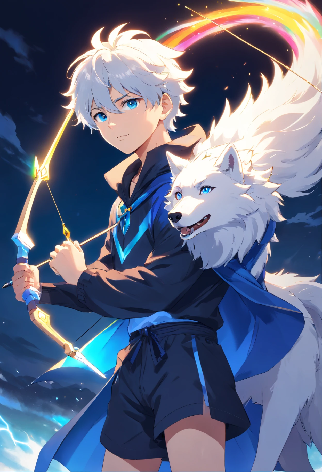 A young man with a white wolf's tail with white curly hair with blue tips and white eyes in a black outfit and a rainbow cape holding a bow and arrow of lightning