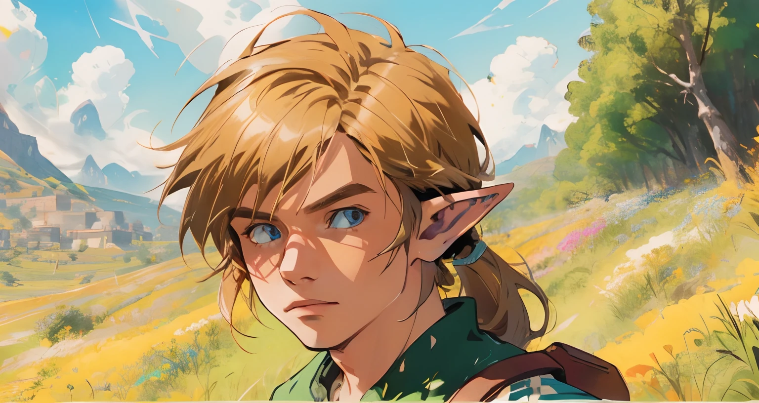 (Award Winning Digital Artwork:1.3) of (Ultra detailed:1.3) solo male, 1 guy, (bright blue eyes), (short blond hair, small ponytail with bangs and side locks 1.3), beautiful forest, handsome, straps, gorgeous,CGSociety,ArtStation, forest, fantasy, breath of the wild, botw, extremely detailed face, detailed face, beautiful detailed eyes, clear eyes. Hyrule kingdom, rolling hills, amazing background, beautiful fields, (wildlife) wide open fields, dancing grass, blue skies, lovely skies, big clouds, masterpiece, perfections, wallpaper, 8k, link, tloz, ((handsome elf man)) adventurer, on an adventure