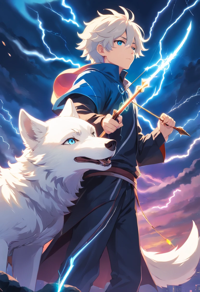 A young man with a white wolf tail with white curly hair with blue tips and white eyes in a black outfit with a rainbow cape holding a lightning bow and arrow